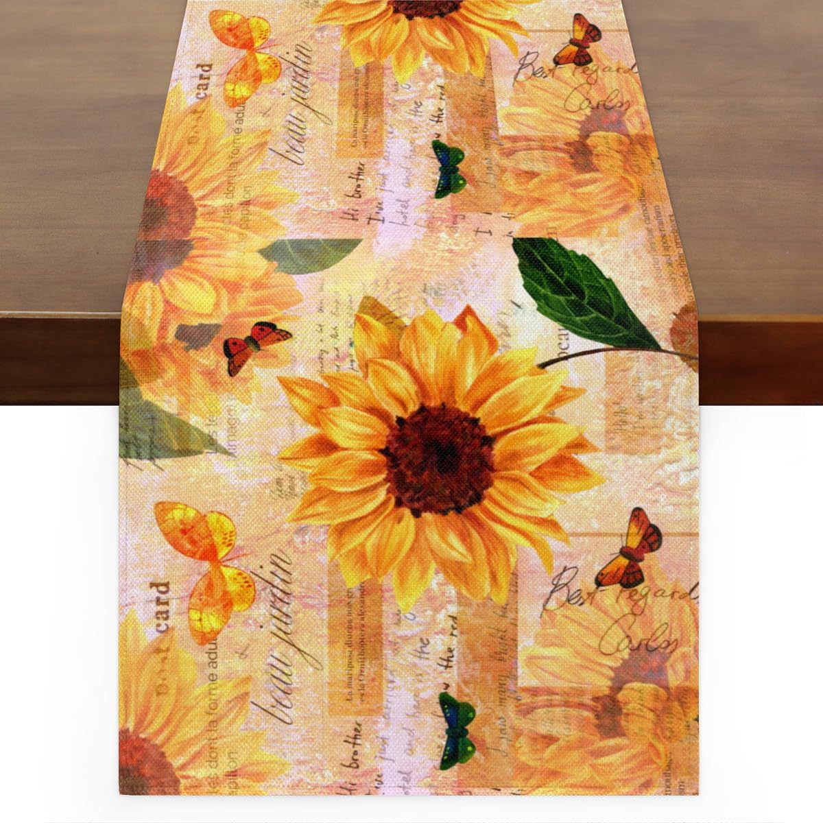 Table Runner Rustic Floral Sunflowers, Autumn Rustic Linen Table Cloth Kitchen Dining Table Decor for Home Party 13 x 72 Inches