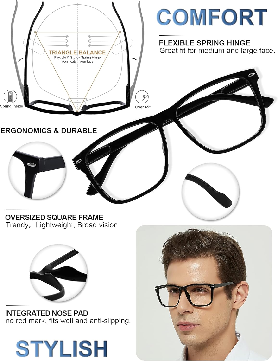 MARE AZZURO Gafas de lectura de gran tamaño para hombres de moda grandes lectores cuadrados 1.0 1.25 1.5 1.75 2.0 2.25 2.5 2.75 3.0 3.5 4.0 5.0 6.0