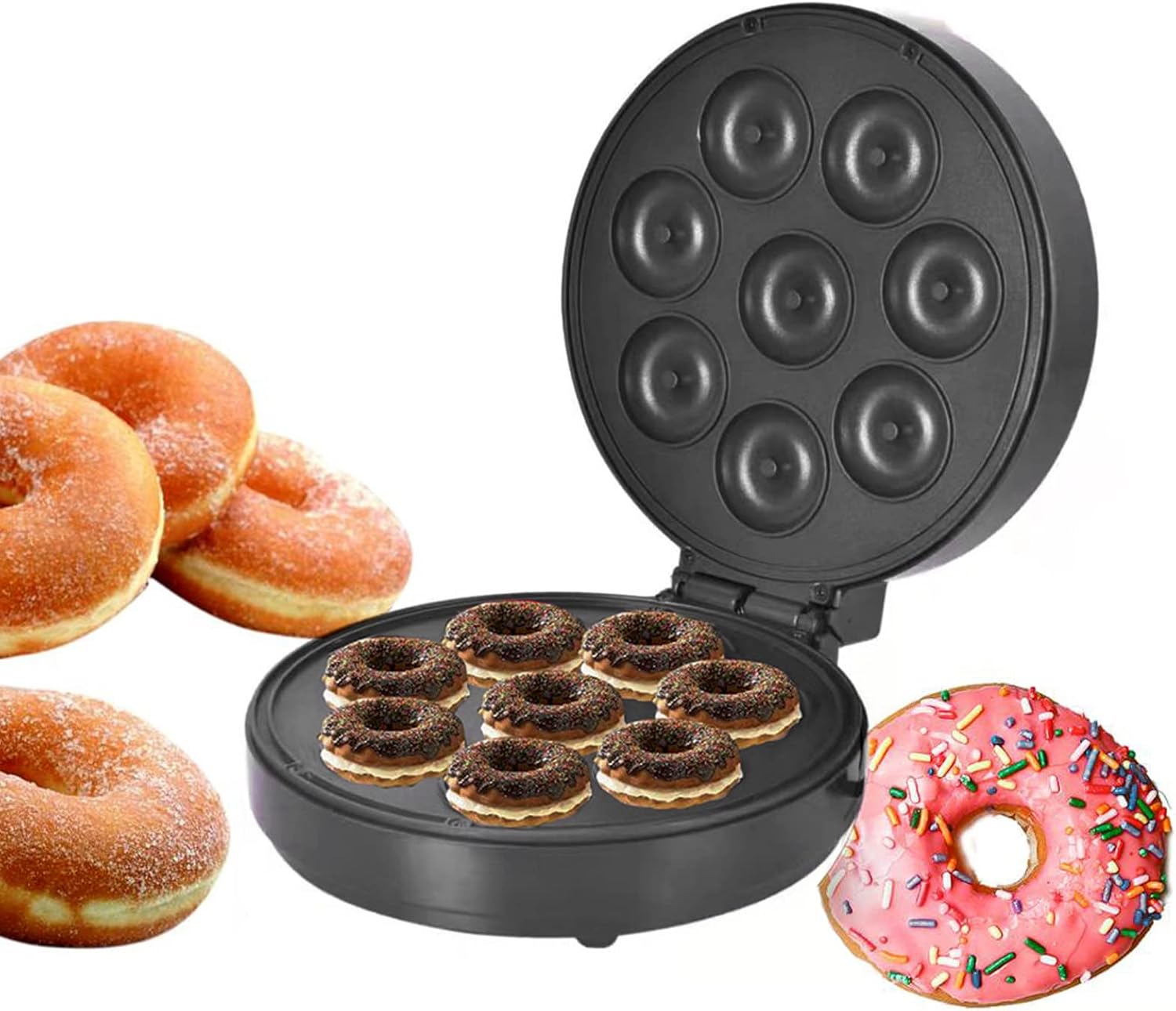 Mini máquina para hacer donas para desayuno amigable con niños con superficie antiadherente para desayuno, aperitivos, postres hace 8 donas enchufe