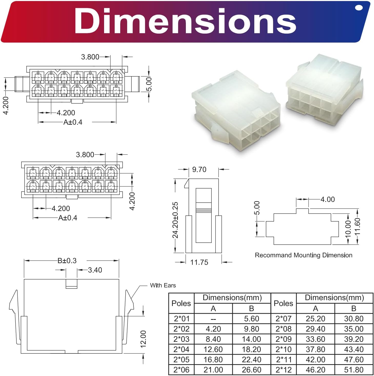Molex 5557 – Kit de conectores de extensión macho y hembra de 0.165 in con cables preprensados de alta calidad de 20 AWG, conector adaptador de
