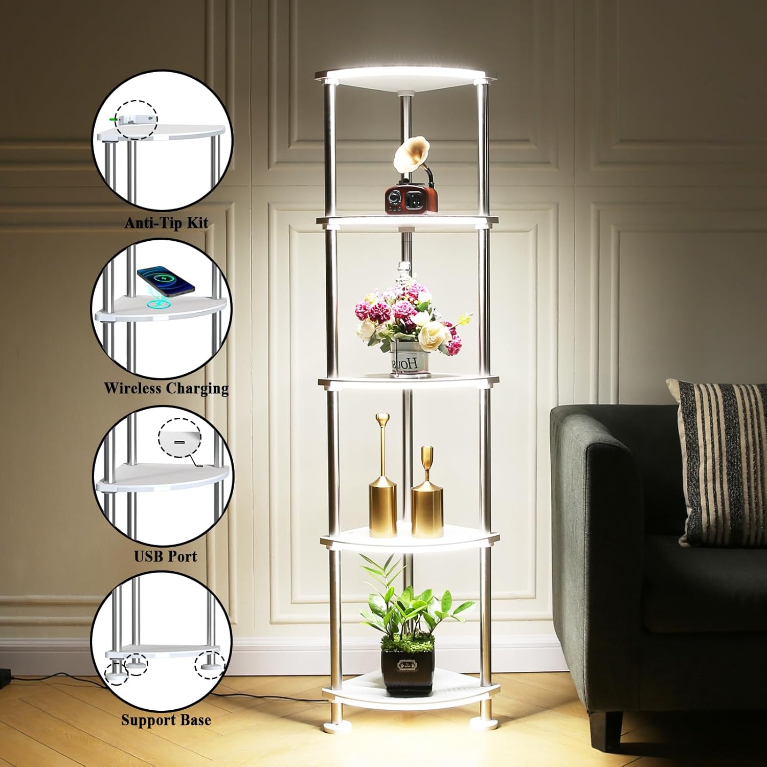 Lámpara de pie con estantes de altura ajustable RGB lámpara de pie con sincronización de música LED lámpara de pie de esquina con estación de carga,