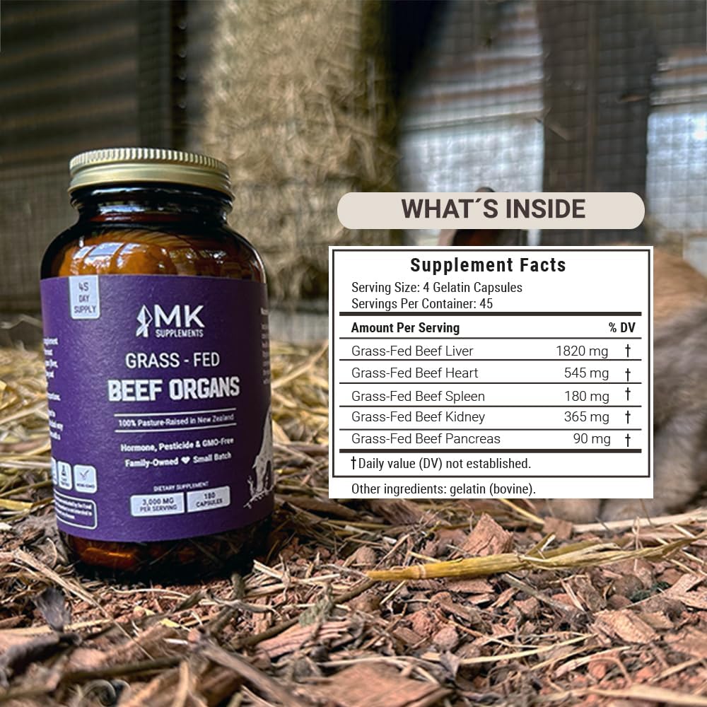 MK Supplements Órganos de carne alimentados con pasto 3000 mg, 180 cápsulas de órganos de carne, multivitamínico, 100% criado en pasto en Nueva