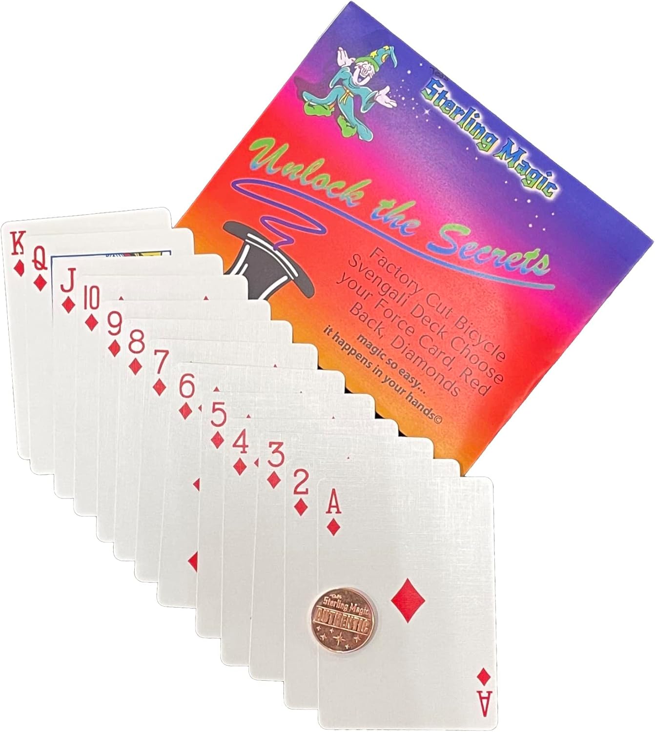 Ted’s Sterling Magic Bicicleta Svengali Deck Trick en la parte trasera roja, traje de diamantes, elige tu tarjeta de fuerza (Queen)