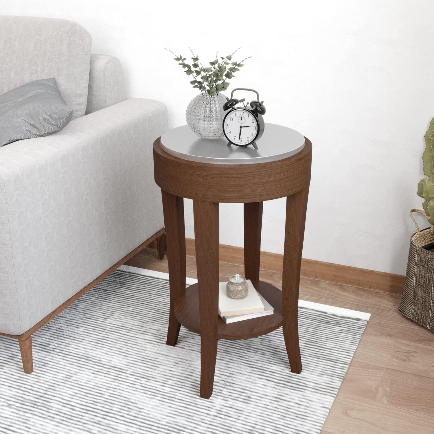 HOMPUS Juego de mesa auxiliar redonda moderna de 2 con estante de almacenamiento, mesita de noche de madera de 2 niveles con acabado de grano de