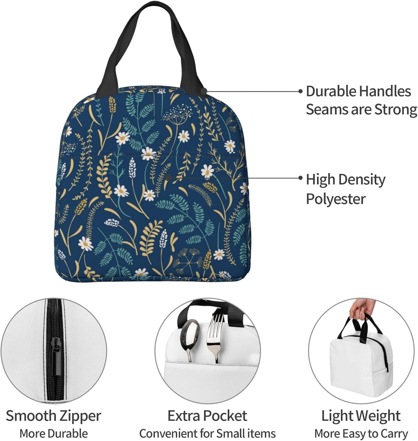 Bolsa de almuerzo floral para mujeres y hombres, lonchera aislada, reutilizable, organizador de almuerzo, impermeable, bolsa de mano enfriadora