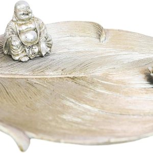 Ebros Gift Buddhism Hotei Laughing Buddha sentado en Bodhi hoja de árbol con flor de loto incienso soporte quemador figura Zen Feng Shui hogar Ebros Gift Buddhism Hotei Laughing Buddha sentado en Bodhi hoja de árbol con flor de loto incienso soporte quemador figura Zen Feng Shui hogar