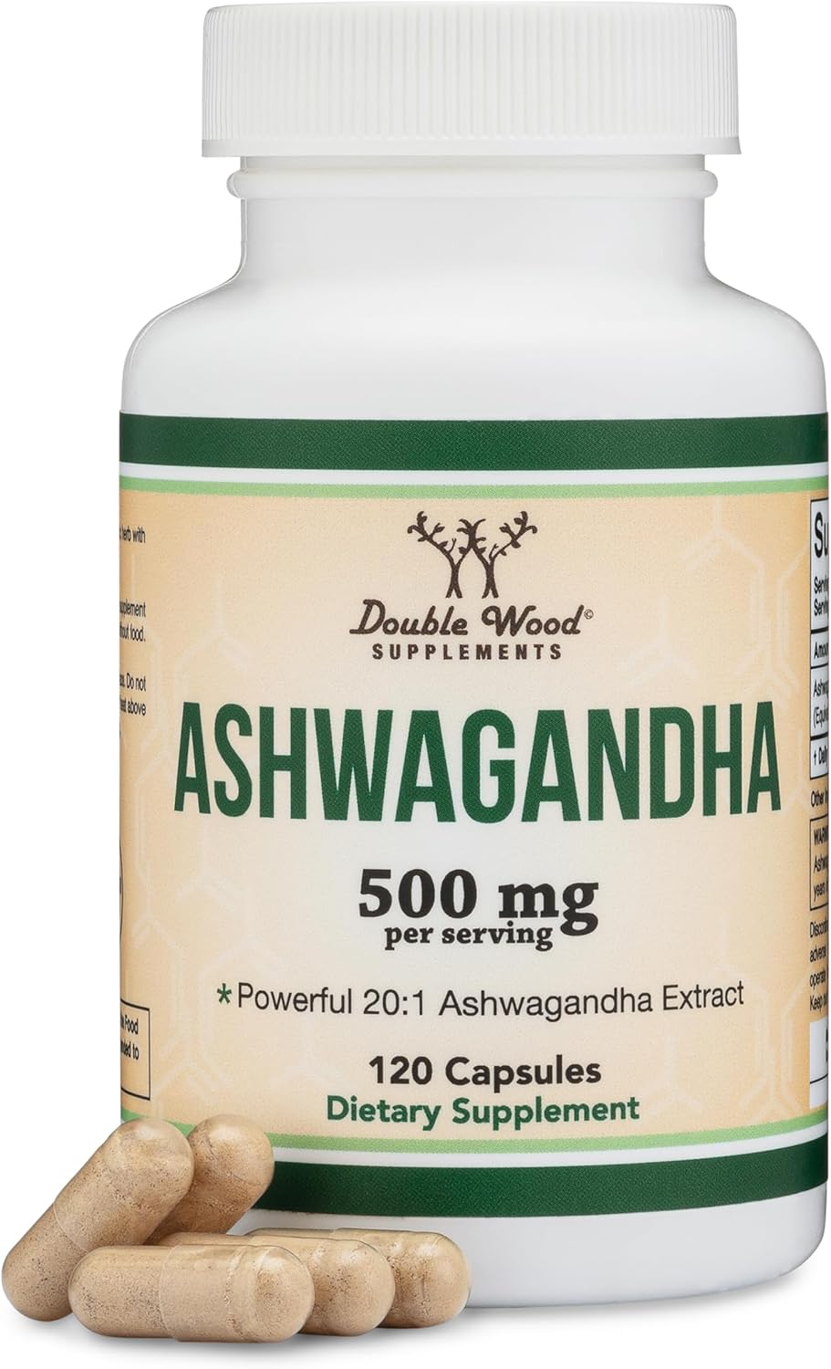 Cápsulas Ashwagandha, 120 unidades (extracto de 500 mg de potencia 201, equivalente a 10,000 mg en polvo) Adaptógeno Alivio del estrés por Double