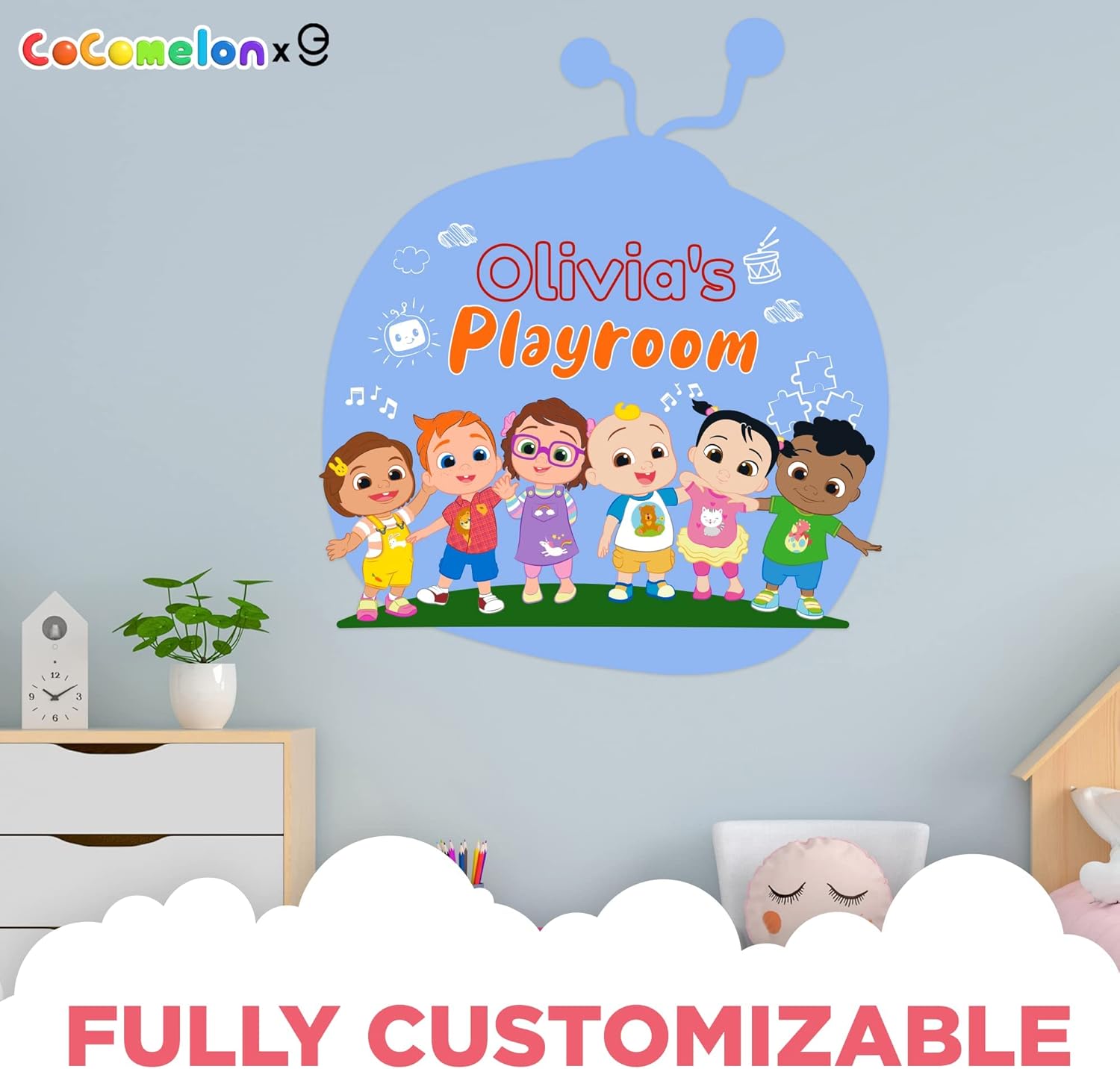 EGD CoComelon – Calcomanía de pared para niños con nombre de fuente múltiple, serie EGD X CoComelon, colección Prime, calcomanía de pared para