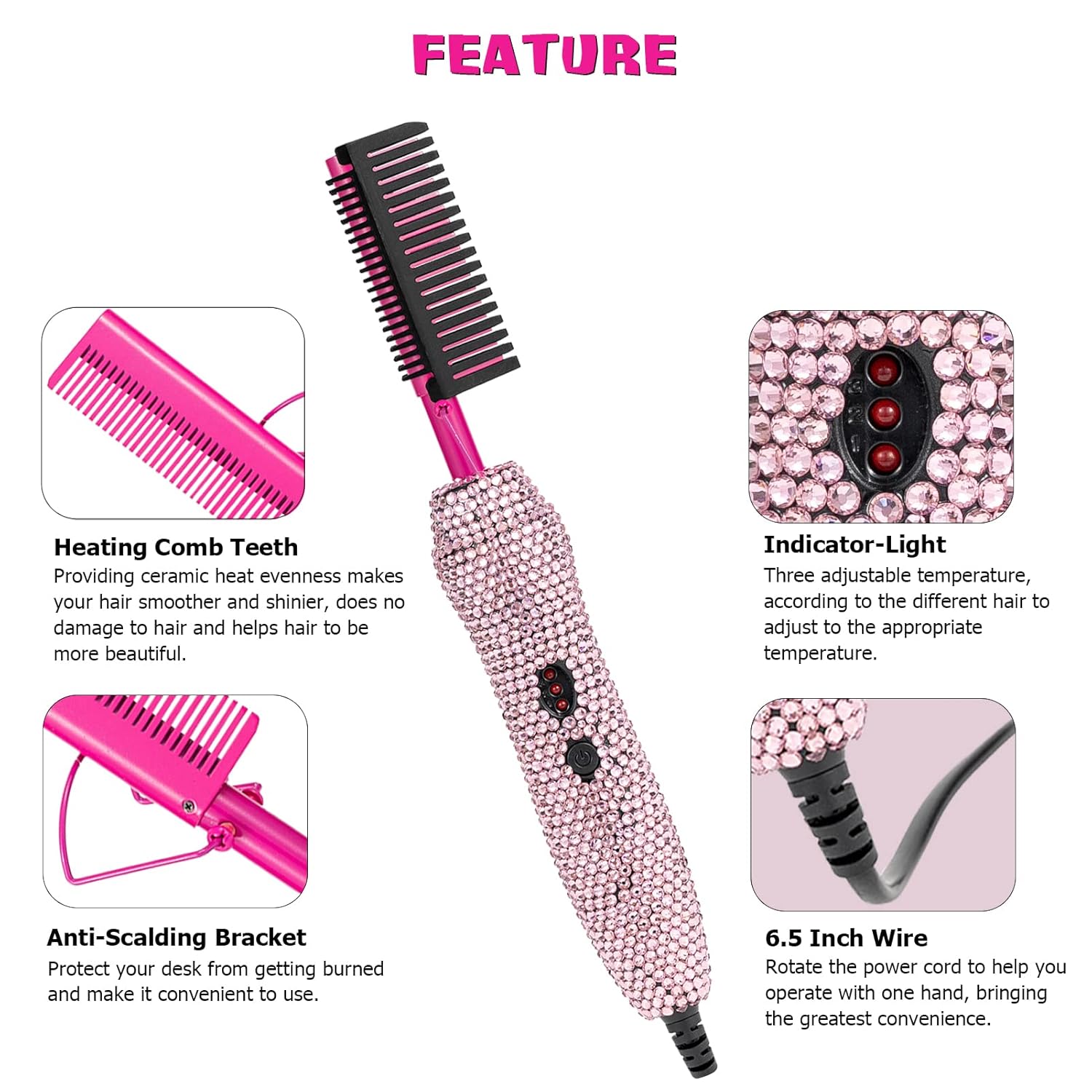 Plancha eléctrica de pelo con peine caliente, peine alisador eléctrico de lujo para pelucas de cabello negro natural, peine eléctrico para pelucas