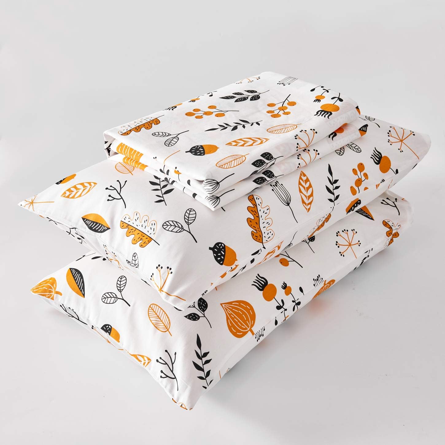YuHeGuoJi Juego de funda de edredón floral negro y blanco tamaño Queen, 100% algodón, funda de edredón botánica naranja, juego de 3 piezas, 1 funda