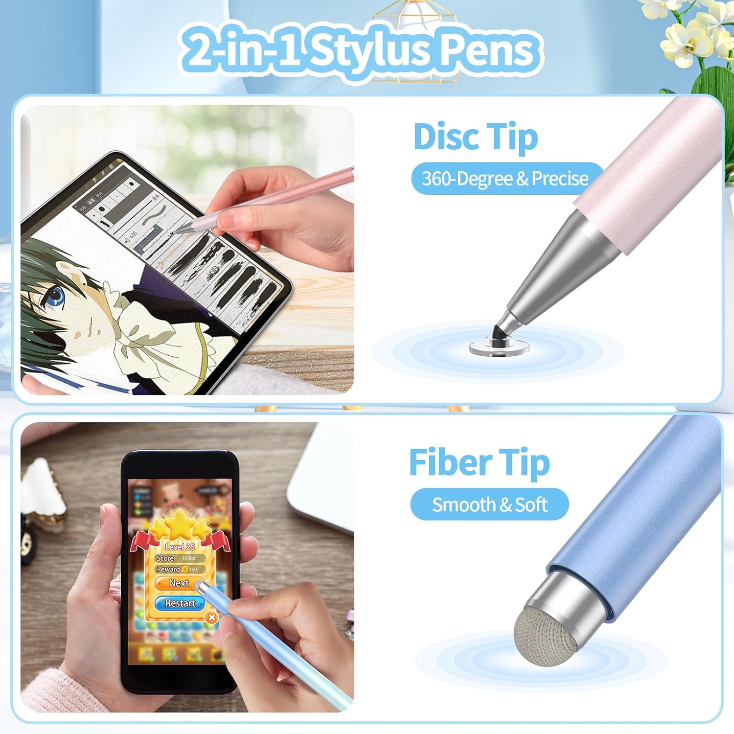 Lápiz óptico para pantallas táctiles (3 unidades), lápiz capacitivo 2 en 1 de alta precisión para iPad compatible con iPadiPhonetabletAndroidiOS y