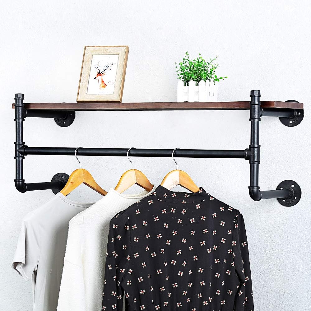 Estante industrial de la ropa del tubo montado en la pared con estante de madera,Estante de la ropa al por menor rústico estante de la exhibición de
