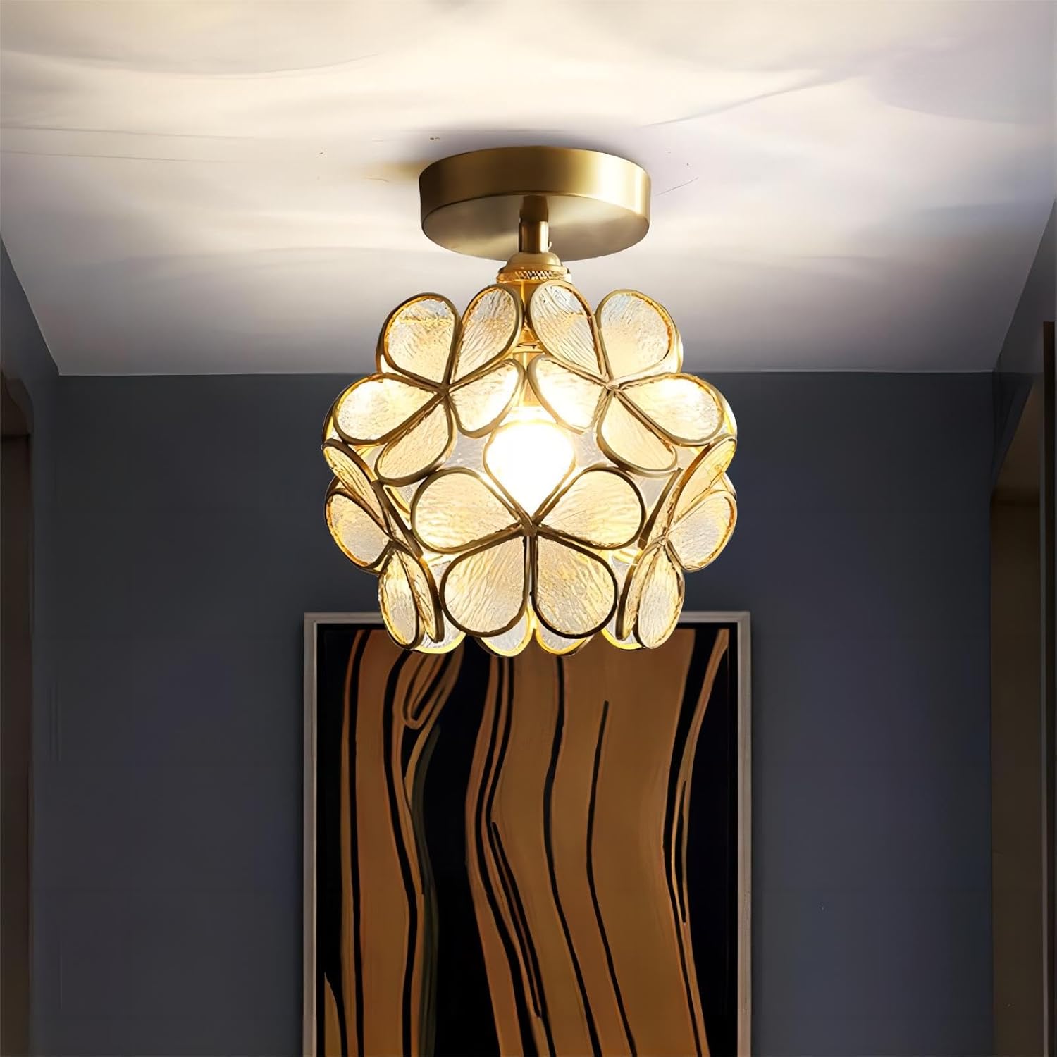 Lámpara de techo de pétalos de 7.9 pulgadas, luz de techo de cobre y vidrio estilo Tiffany, lámpara de techo moderna con base E27 para pasillo,