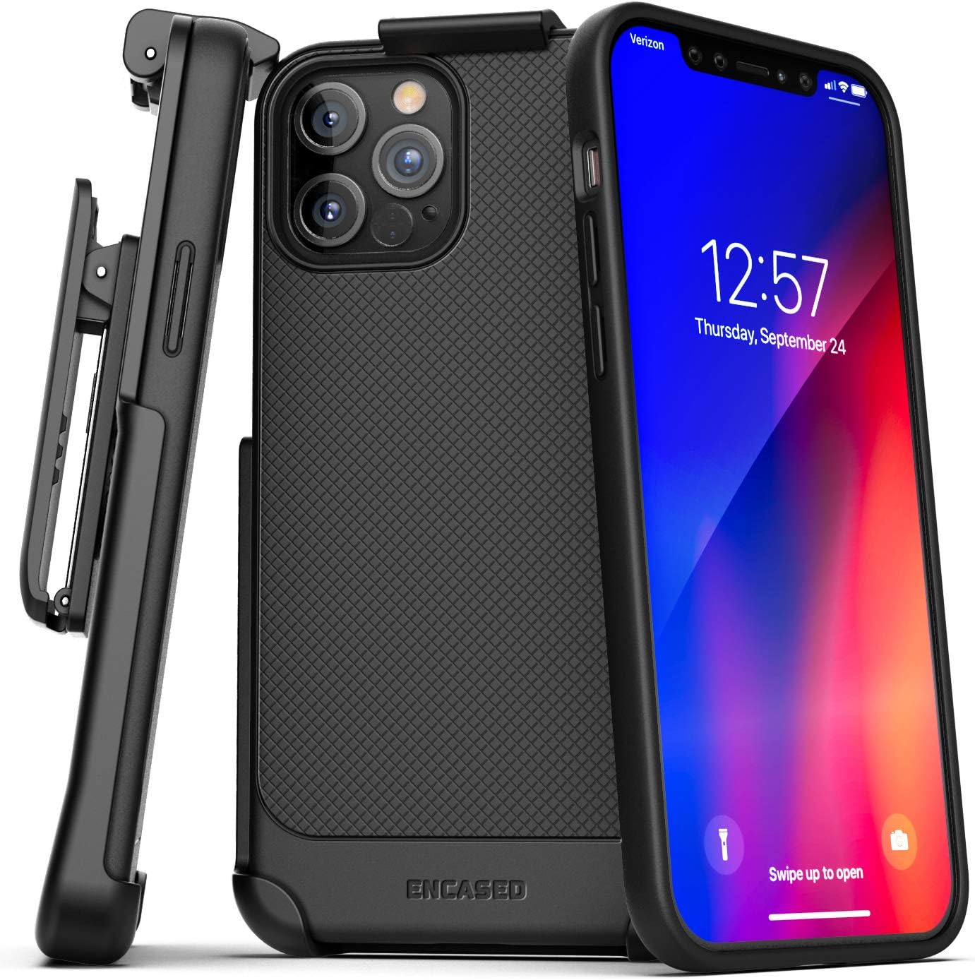 Thin Armor Series – Funda con clip para cinturón compatible con iPhone 12 Pro Max, funda de agarre delgado con funda, color negro