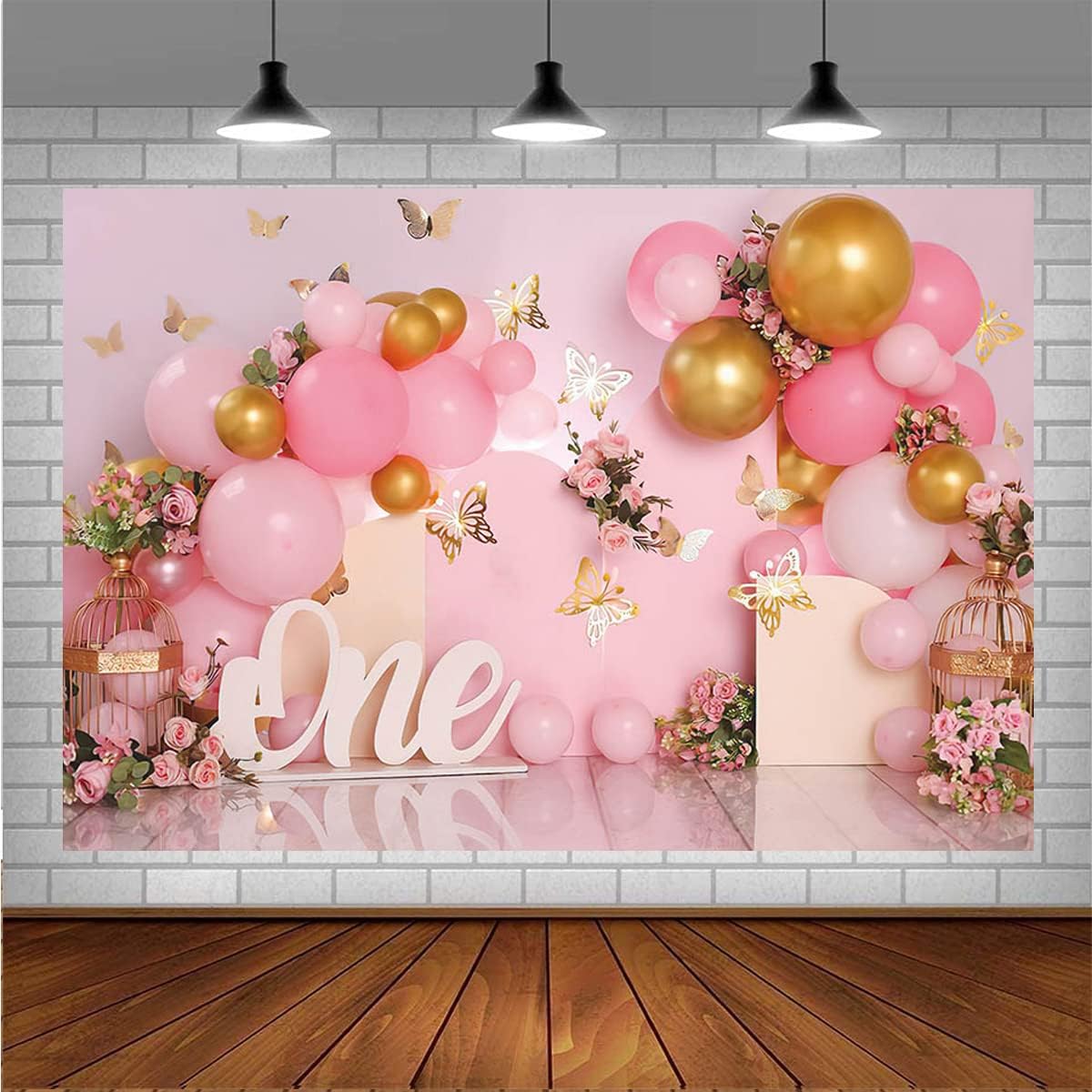 Telón de fondo de 1er cumpleaños para niña, globos rosados, mariposa dorada, dulce para niños, decoración de fiesta de cumpleaños, fotografía