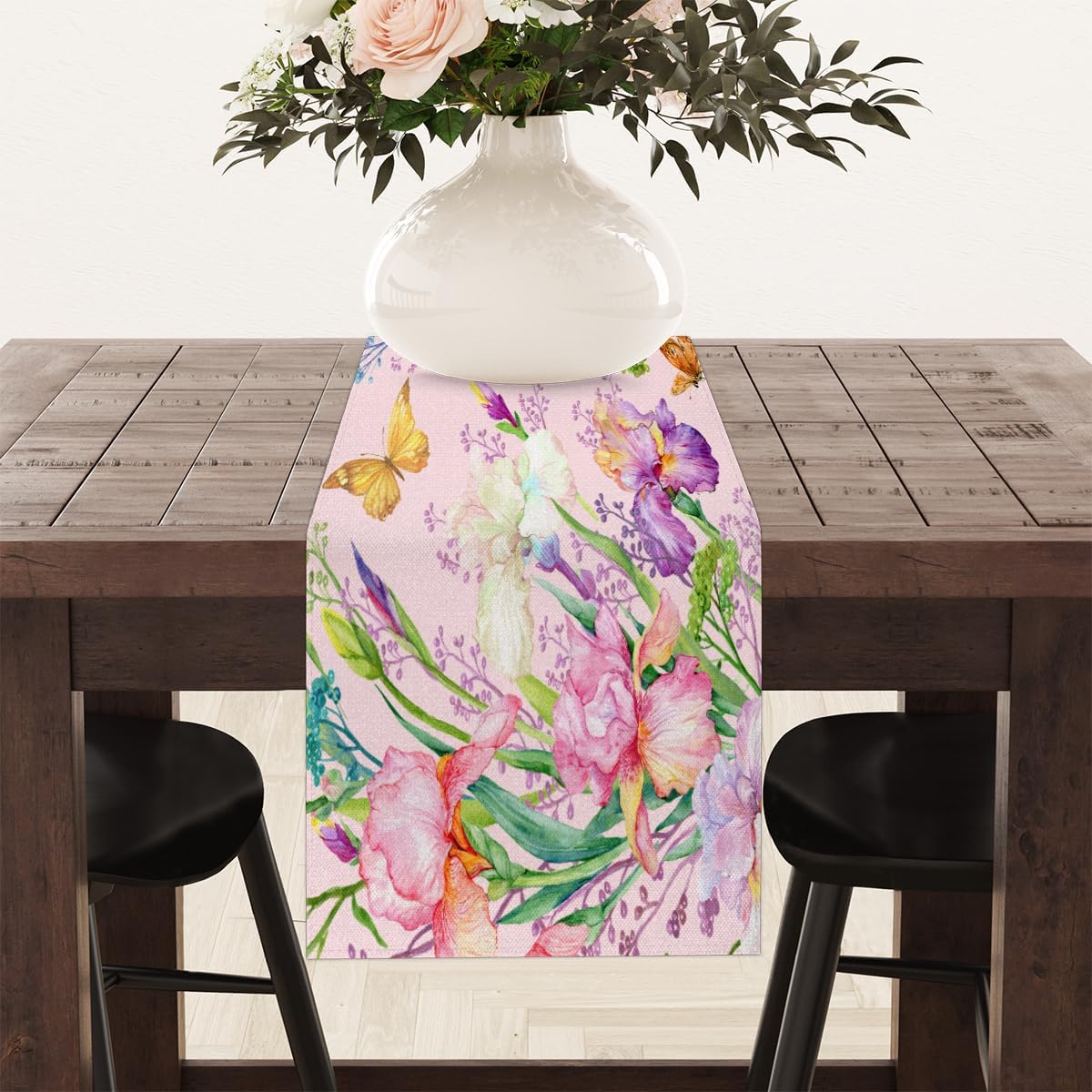 Camino de mesa de flores coloridas mariposas, mantel de lino rústico para cocina de granja, cena, eventos, fiesta, decoración de mesa de vacaciones,