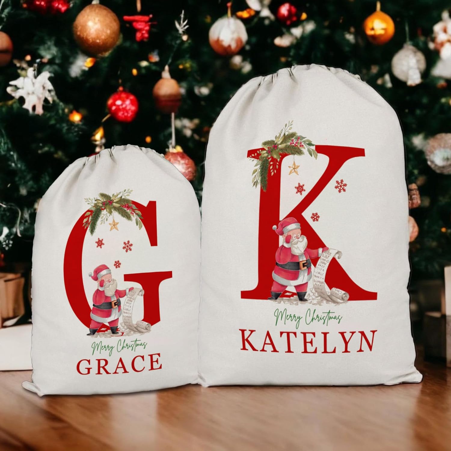 Saco de Papá Noel personalizado con inicial y nombre para niños, bolsas de regalo de Navidad personalizadas para regalos de vacaciones, caja de