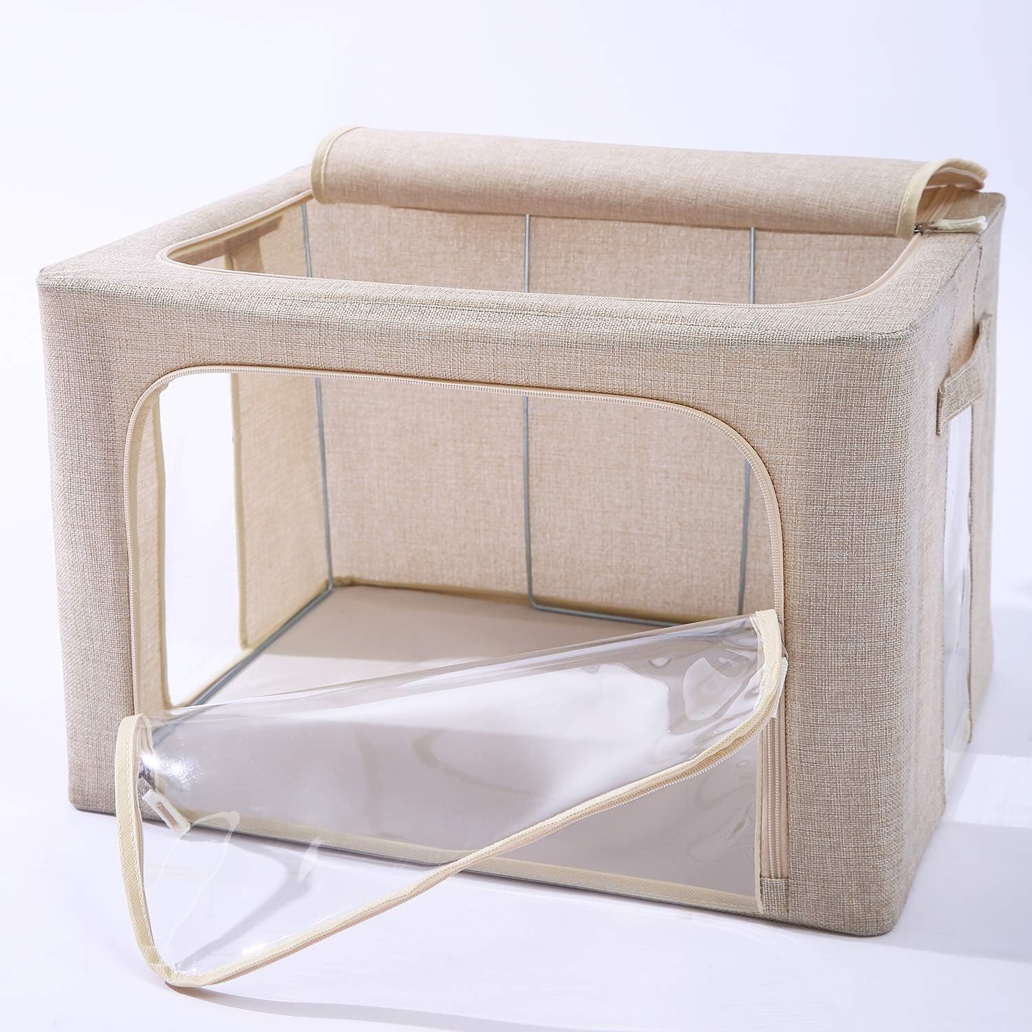 Paquete de 3 contenedores plegables de almacenamiento, caja de almacenamiento de tela de lino, apilable, organizador de ropa con ventana