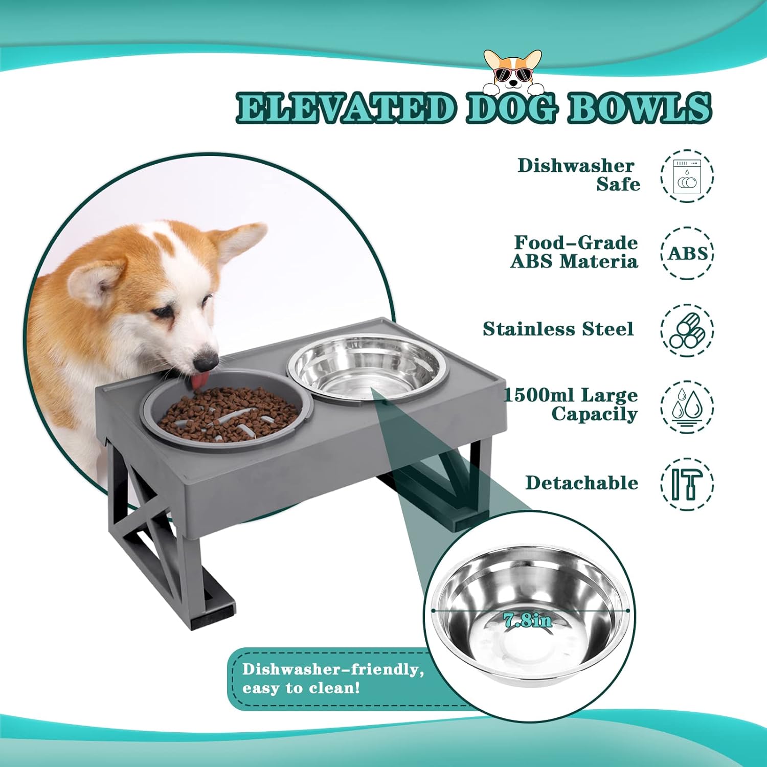 Cuencos elevados para perros, cuencos elevados ajustables para perros con 2 cuencos de acero inoxidable con comedero lento, cuencos de comida para