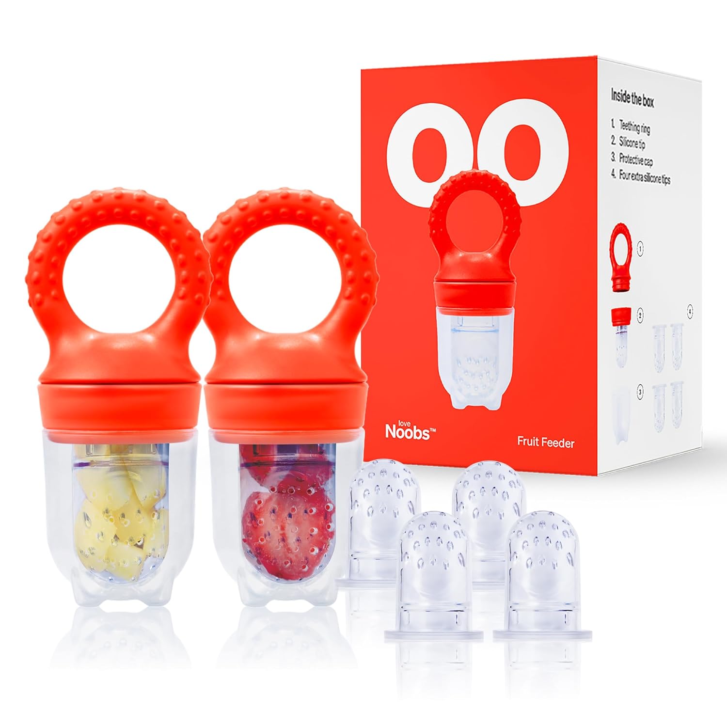 Alimentador de frutas para bebés, juguetes de dentición congelados para bebés, paquete de 2 alimentadores para chupetes de frutas con 4 tetinas
