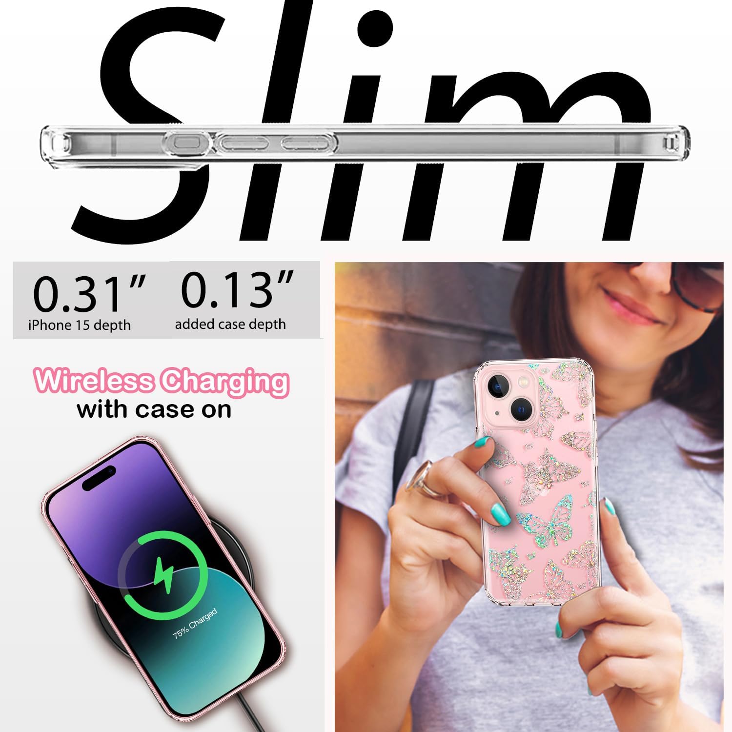 Coolwee Funda transparente antiamarillamiento con purpurina para iPhone 15, 6.1 pulgadas, 6.6 pies, protección de grado militar, protector de