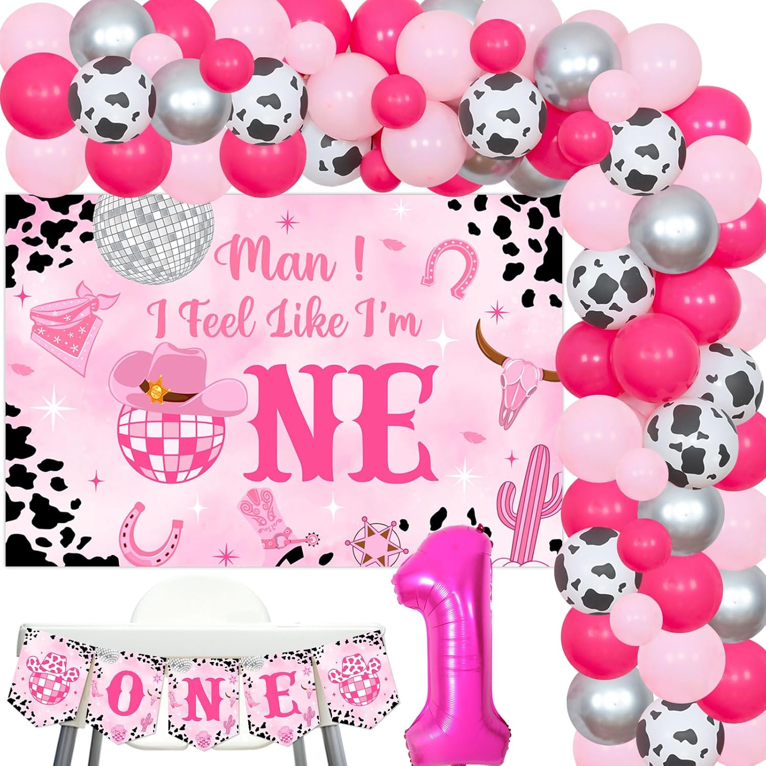 Decoraciones de primer cumpleaños de vaquera disco con texto en inglés Man I Feel Like I’M One para decoración de fiesta, telón de fondo, globos de