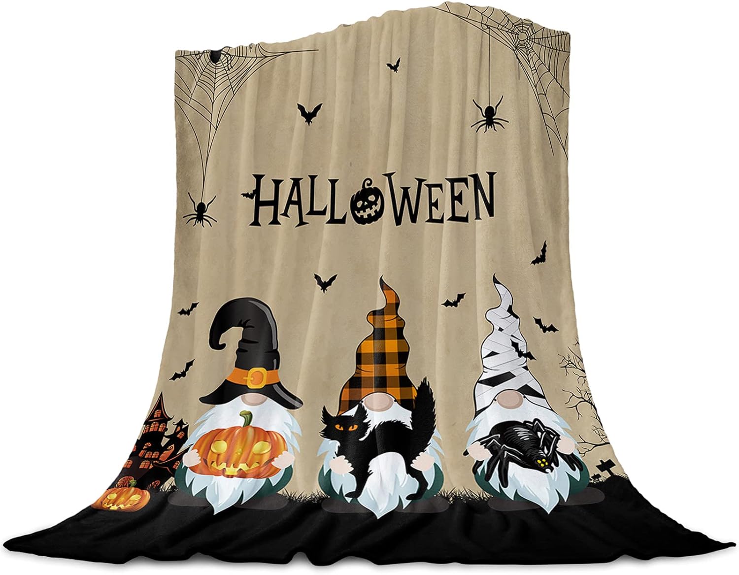 Manta de gnomo de franela súper suave, manta de murciélago de Halloween con diseño de gato negro, manta ligera y acogedora de microfibra de felpa