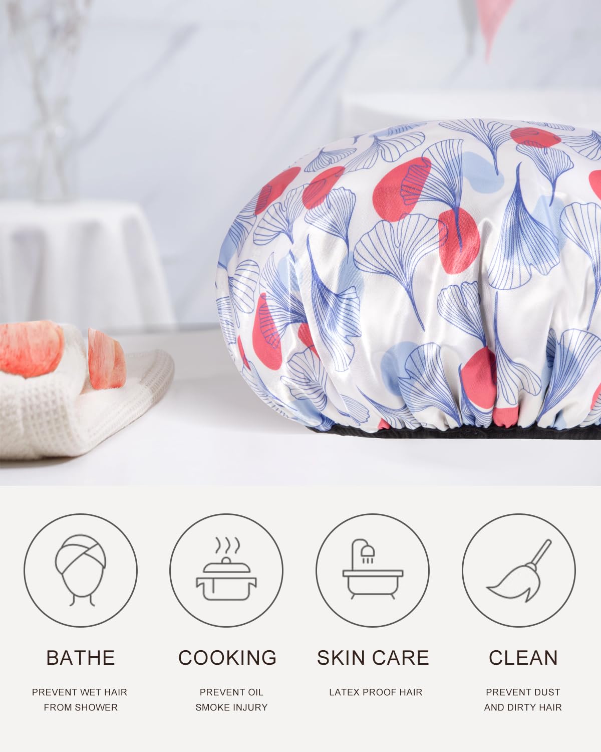 Aquior Gorro de ducha con forro de rizo para mujer, gorro de ducha reutilizable, triple capa impermeable, extra grande para mujeres de pelo largo