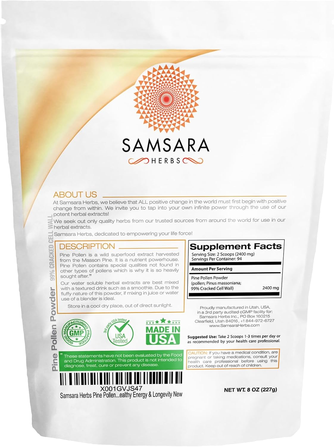 Samsara Herbs Polvo de polen de pino cosechado silvestre – 99% de pared celular agrietada (8 oz227 g) que apoya la energía saludable y la longevidad