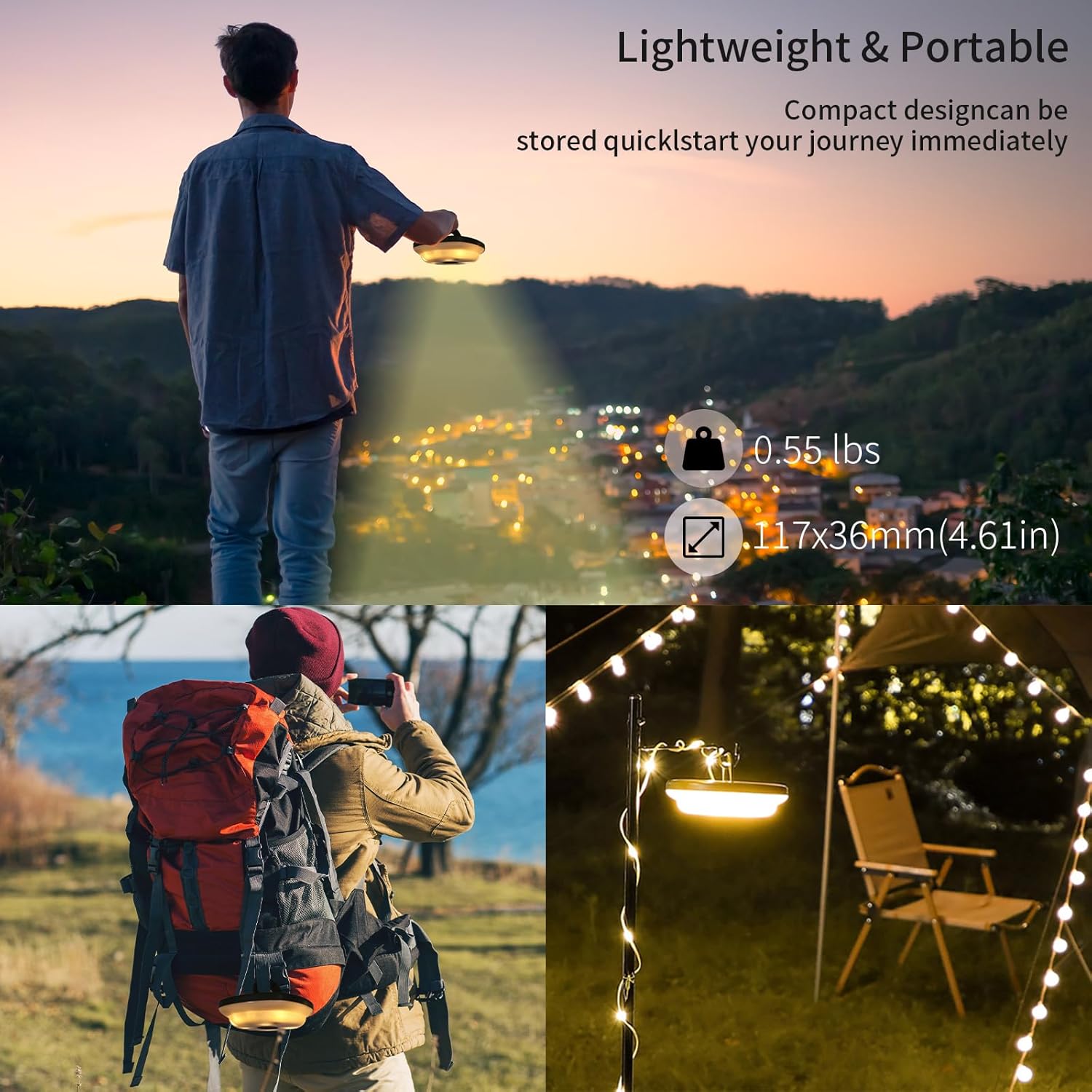 Cadena de luces recargables USB 2 en 1, cadena de luces para exteriores con 5 modos de iluminación, utilizada para camping, patio, tienda de