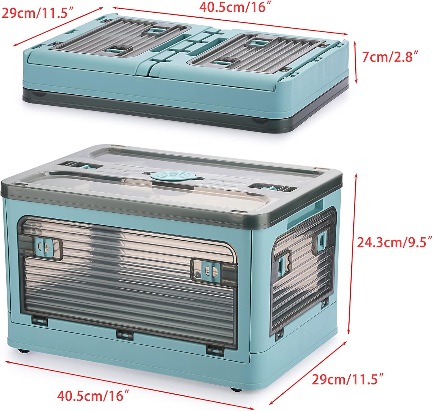 BTSKY Paquete de 2 contenedores plegables de plástico transparente de 4 puertas con tapa y ruedas de 20 litros, caja de almacenamiento plegable