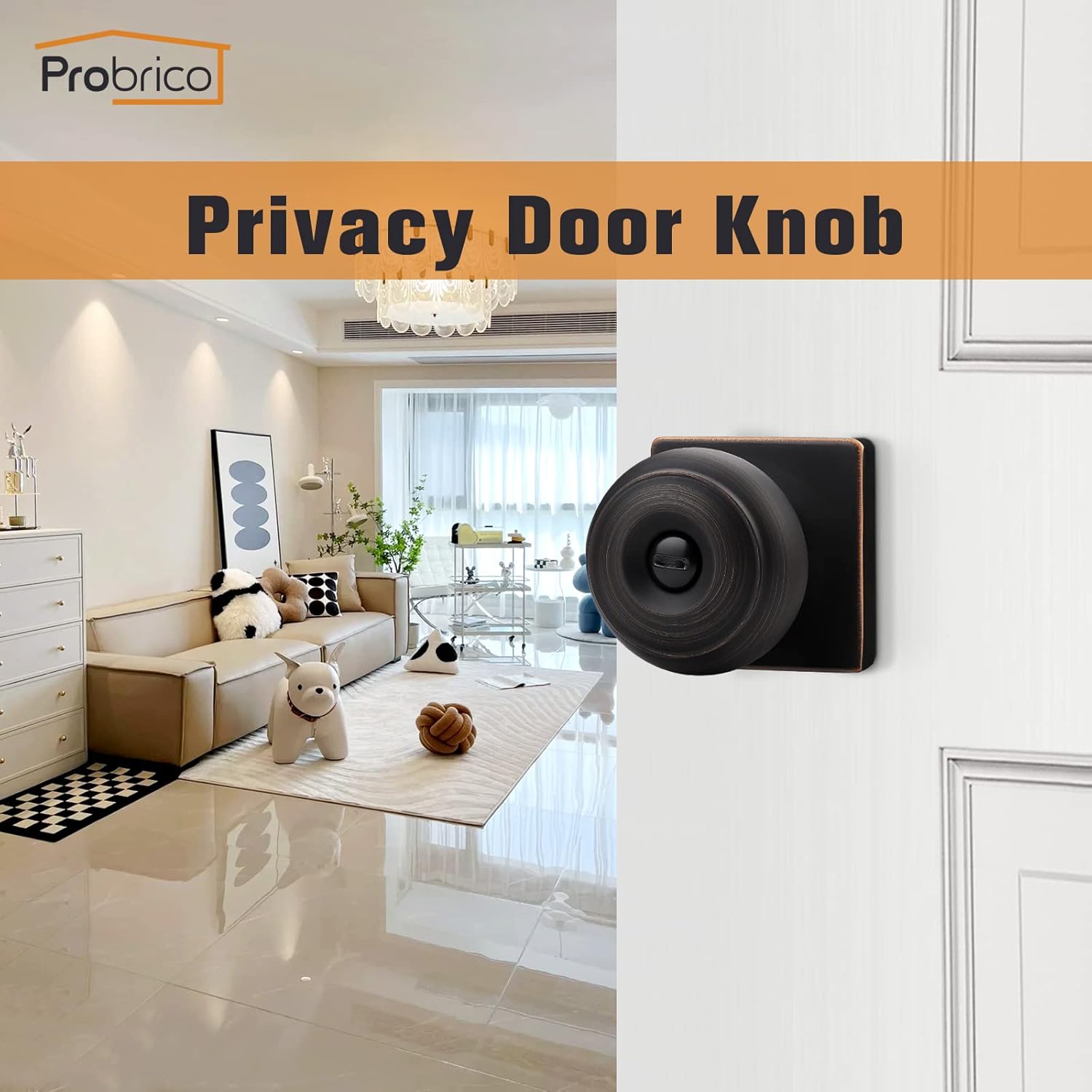 Probrico Pomos cuadrados para puerta de privacidad, pomos de puerta de dormitorio con cerradura, pomo de puerta interior de bronce aceitado para