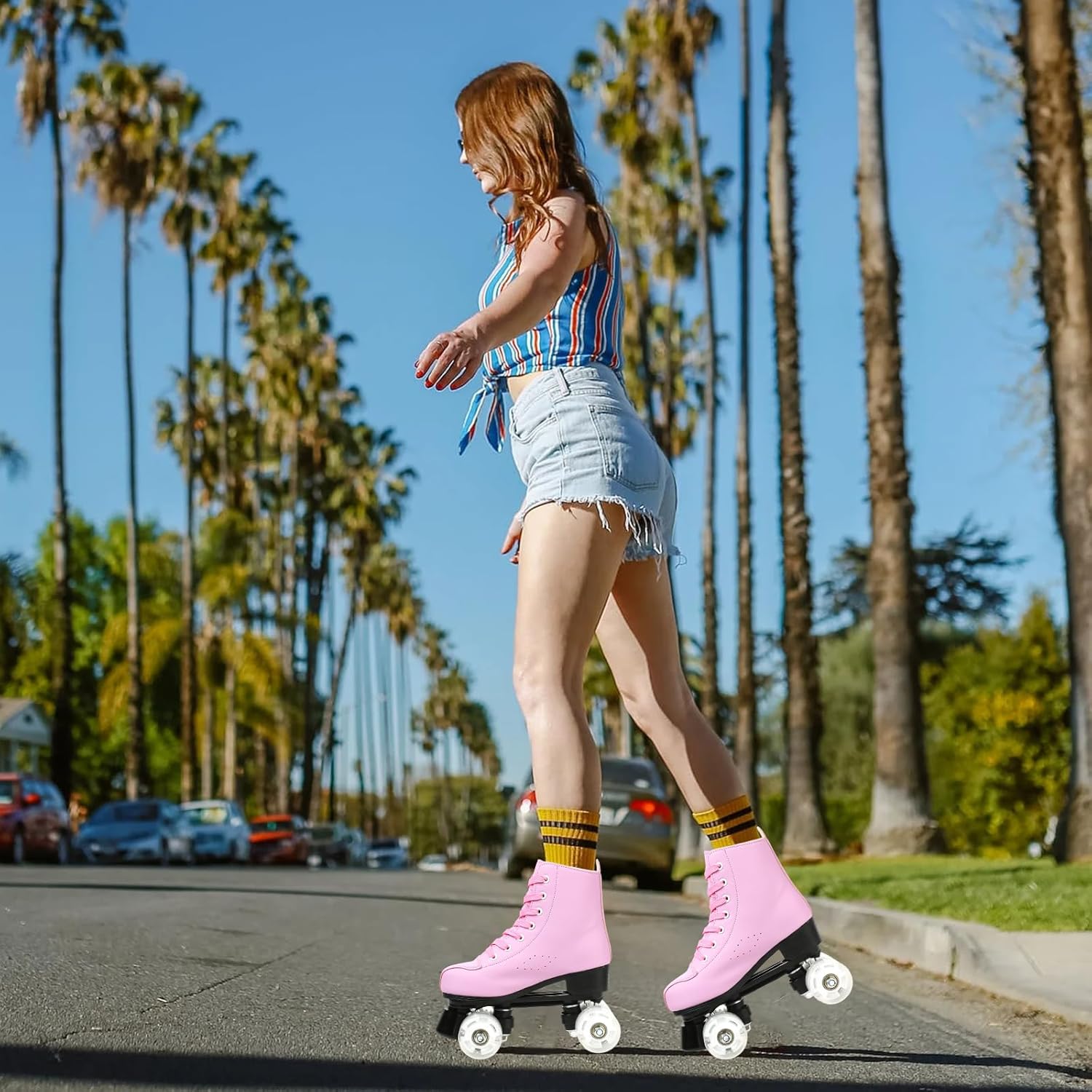 Patines para mujer, de piel sintética, patines brillantes ajustables, patines de 4 ruedas, de doble línea para chica.