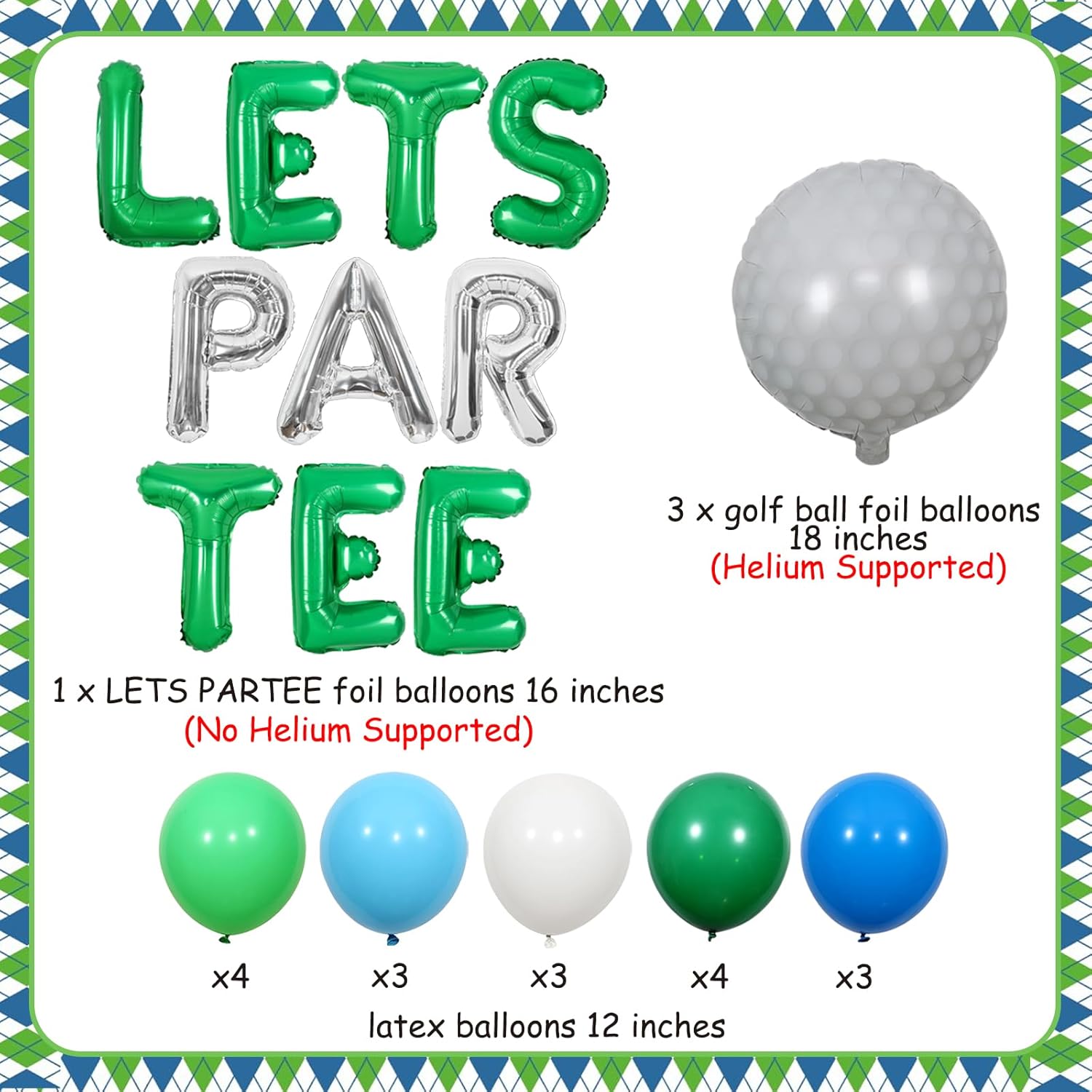JOYMEMO Decoraciones de fiesta de golf para niños y hombres, pancarta de globo de Let’s ParTee azul y verde, globos de pelota de golf, decoración de