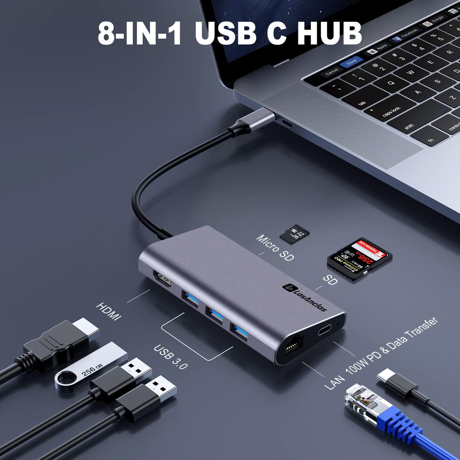 Adaptador multipuerto USB C Hub Ethernet, estación de acoplamiento USB C 8 en 1 4K HDMI, 100 W PD, 3 USB 3.0, 1 Gbps LAN USB C Dongle, lector SDTF