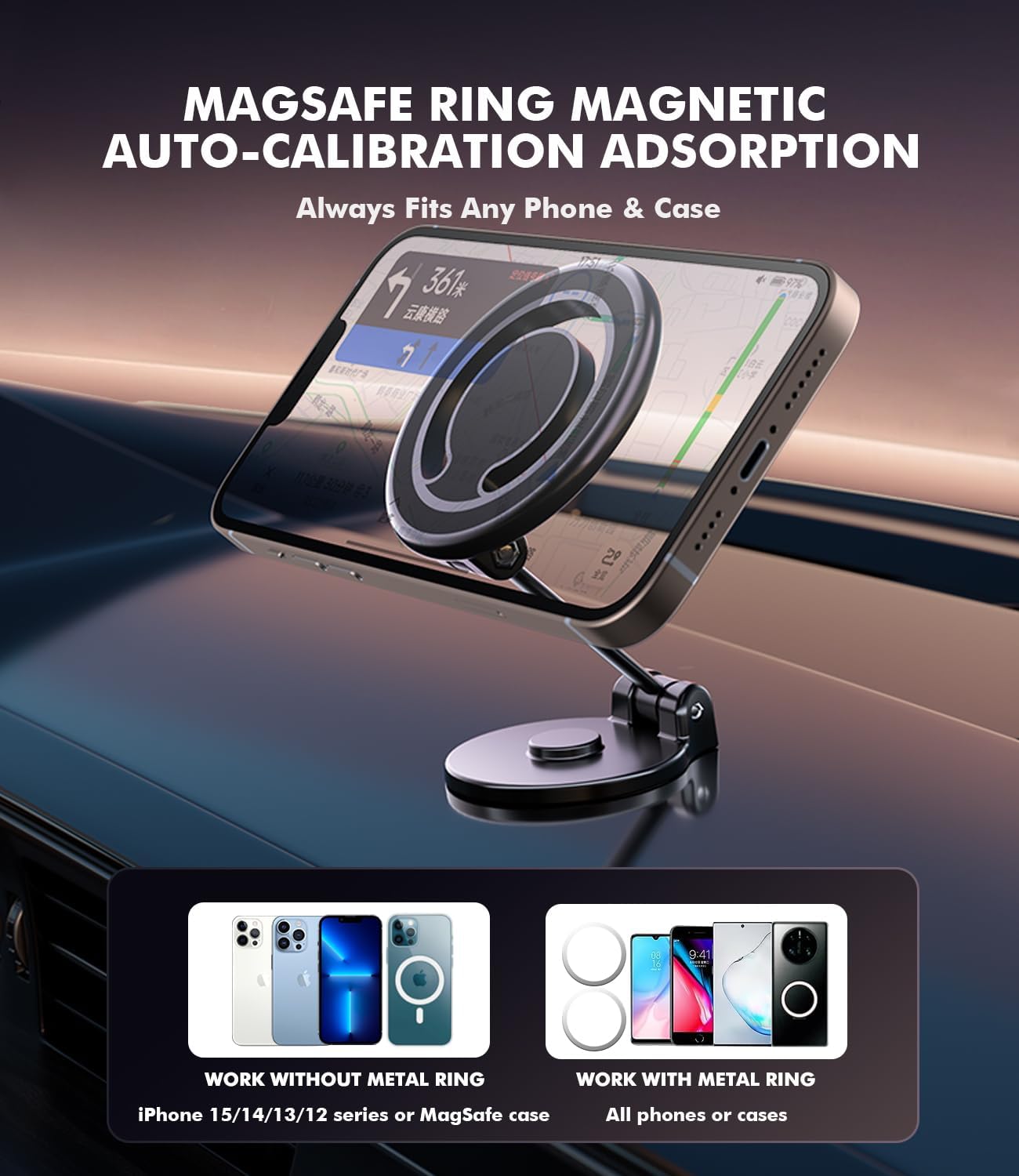 Soporte magnético para automóvil para iPhone 15, 14, 13, 12 Pro Max Mini, funda MagSafe plegable, con 44 imanes N52 fuertes, se adapta a todos los