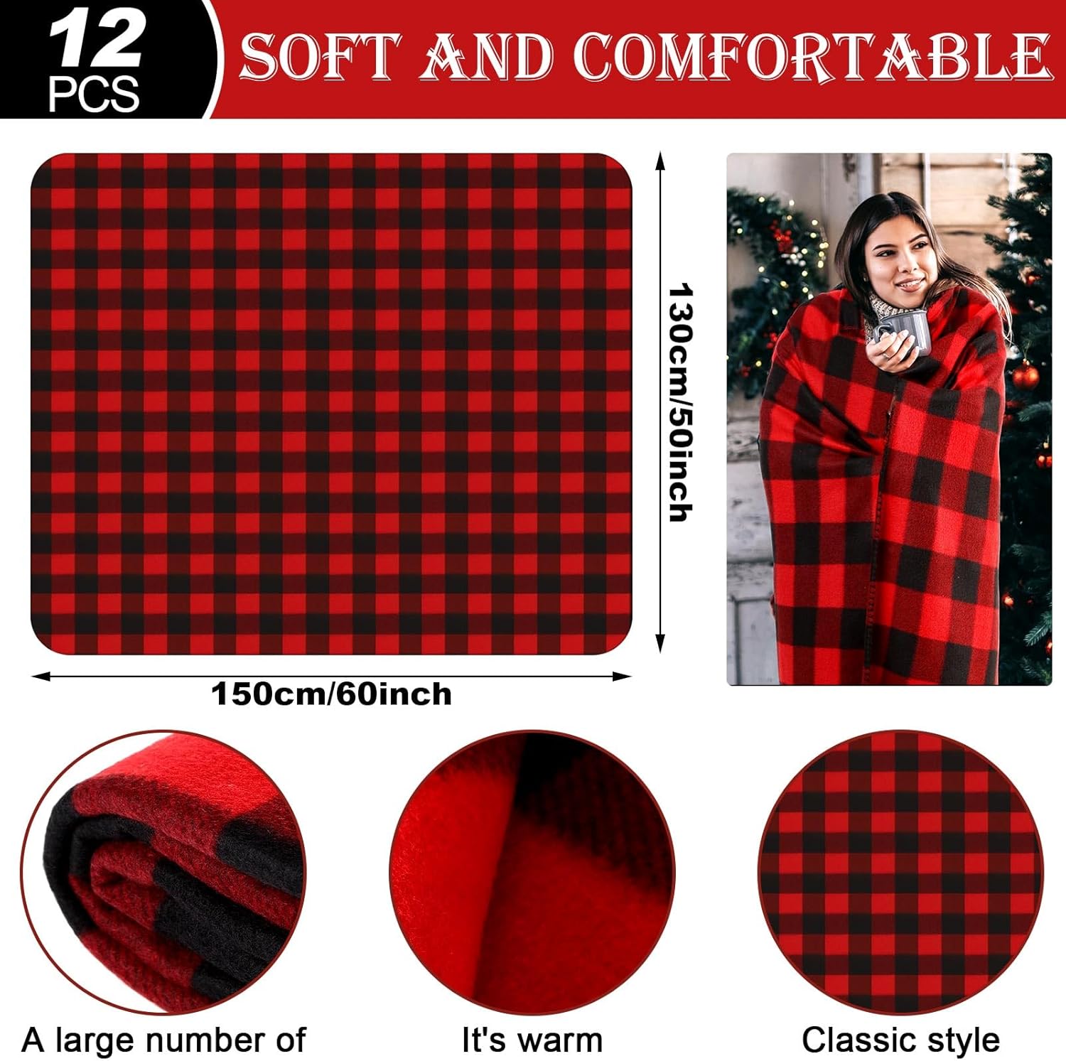 Soaoo 12 mantas navideñas a cuadros de 50 x 60 pulgadas, cálida y cómoda, suave, mullida, acogedora, a cuadros rojos y negros, para sofá, cama,