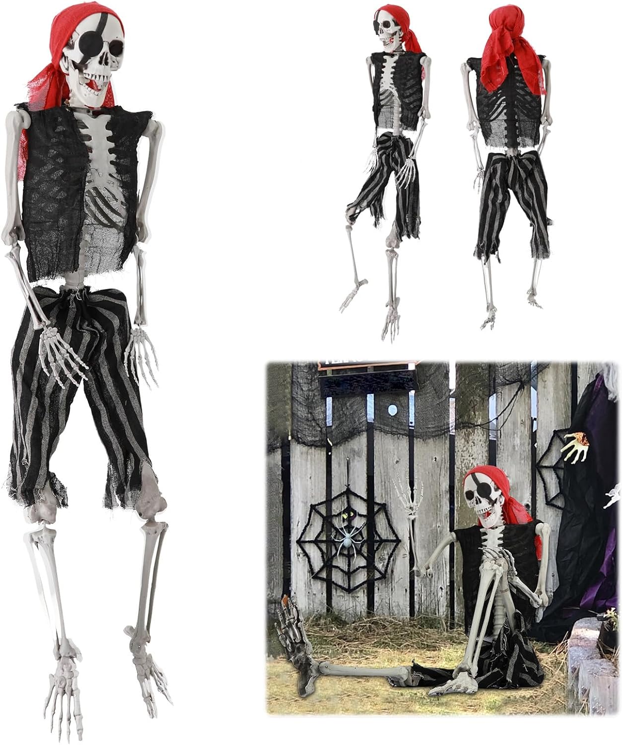 Esqueleto de tamaño real de Halloween, 65.0 in de estilo pirata, accesorios de esqueleto de imitación de 5.4 pies, modelo de esqueleto humano