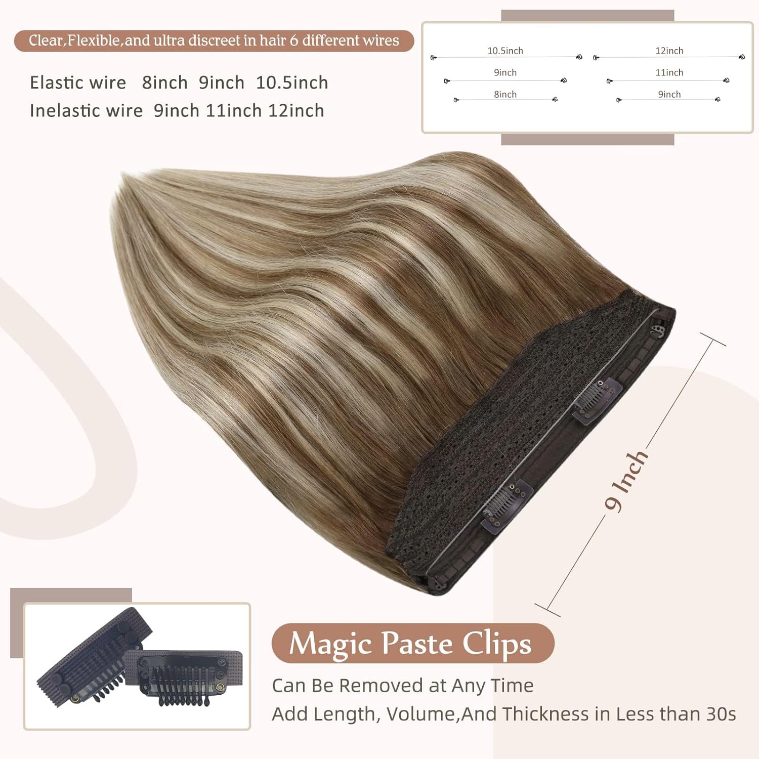 Fshine – Extensiones de cabello humano con alambre invisible, castaño degradado #6606, con hilo de nailon, 20 pulgadas, castaño a rubio platino,