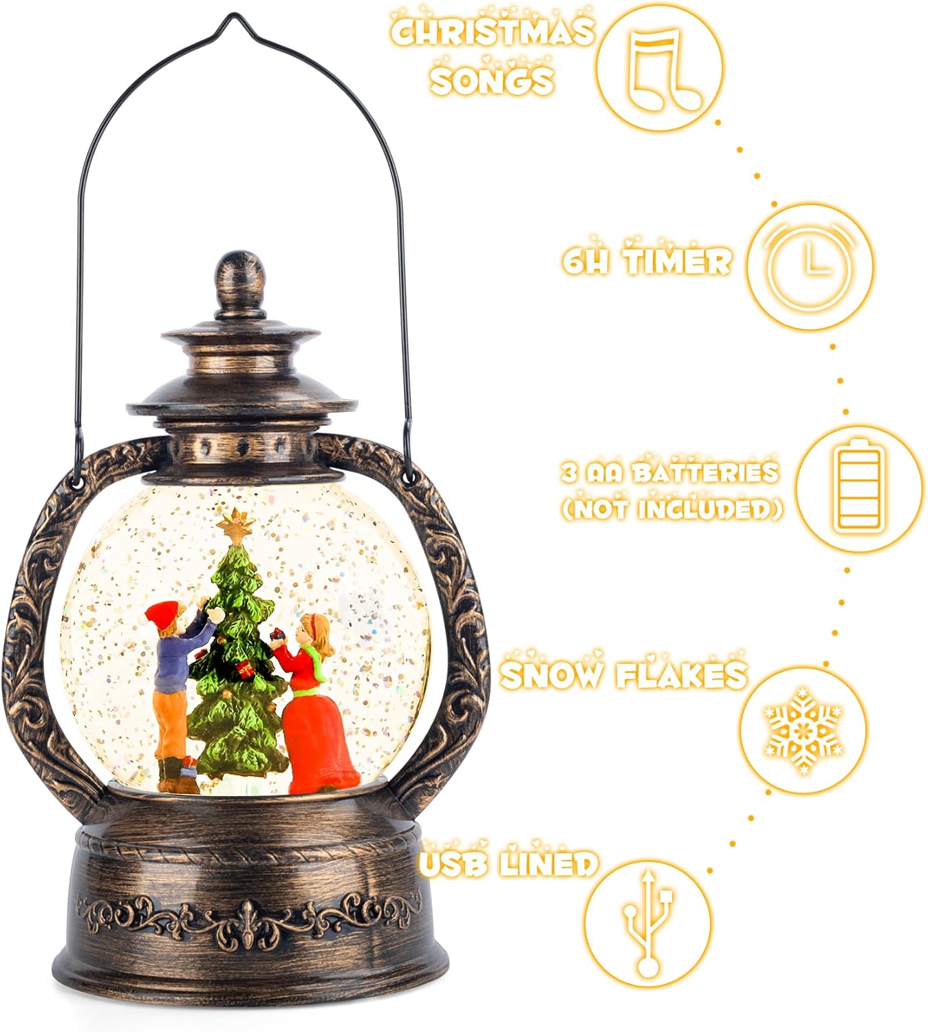 Linterna de globo de nieve de Navidad, decoración musical de globo de nieve con purpurina iluminada, temporizador de 6 horas, funciona con USB y