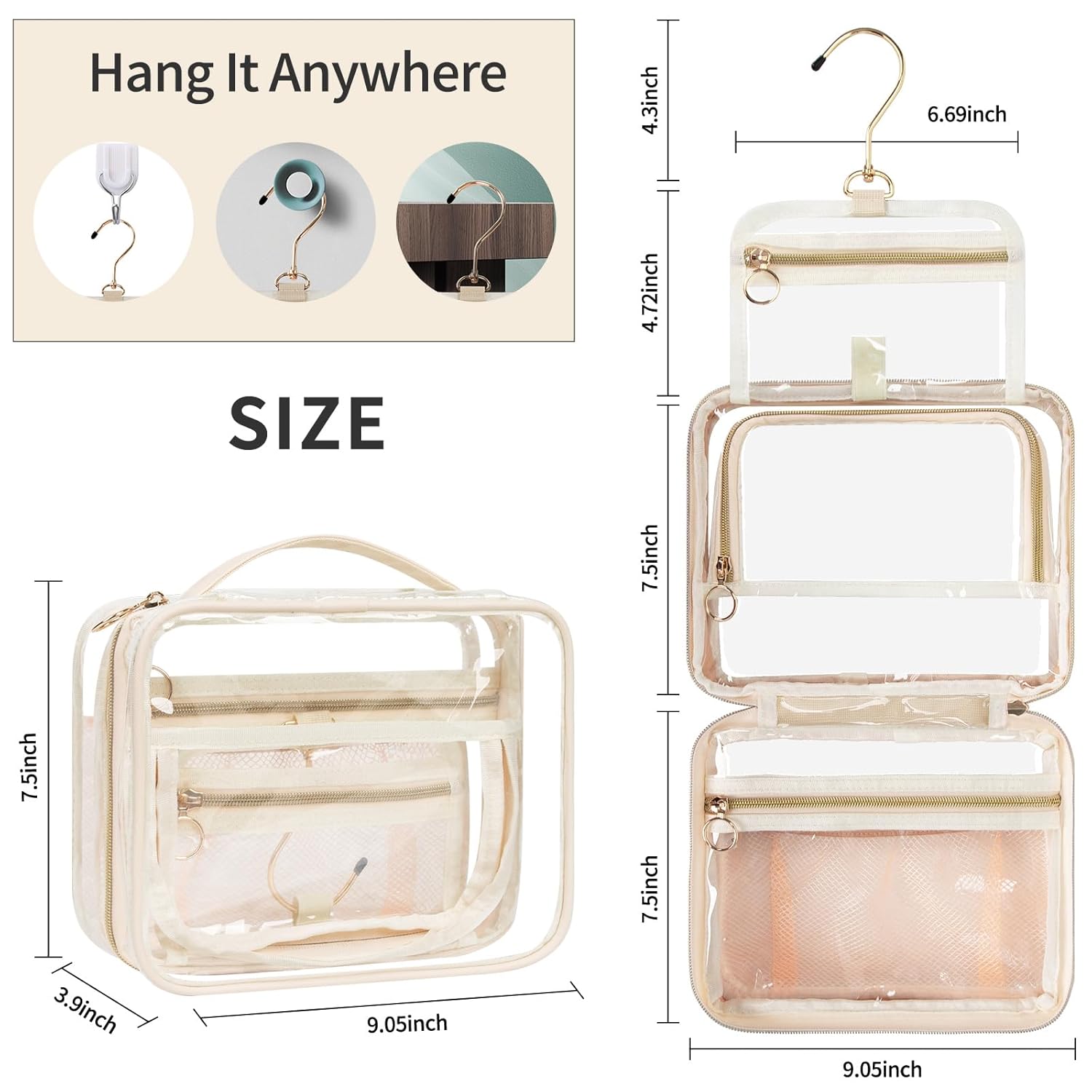 CUBETASTIC Bolsas de maquillaje transparentes, bolsa de aseo para artículos de tocador, bolsa de viaje colgante para artículos de tocador, 3