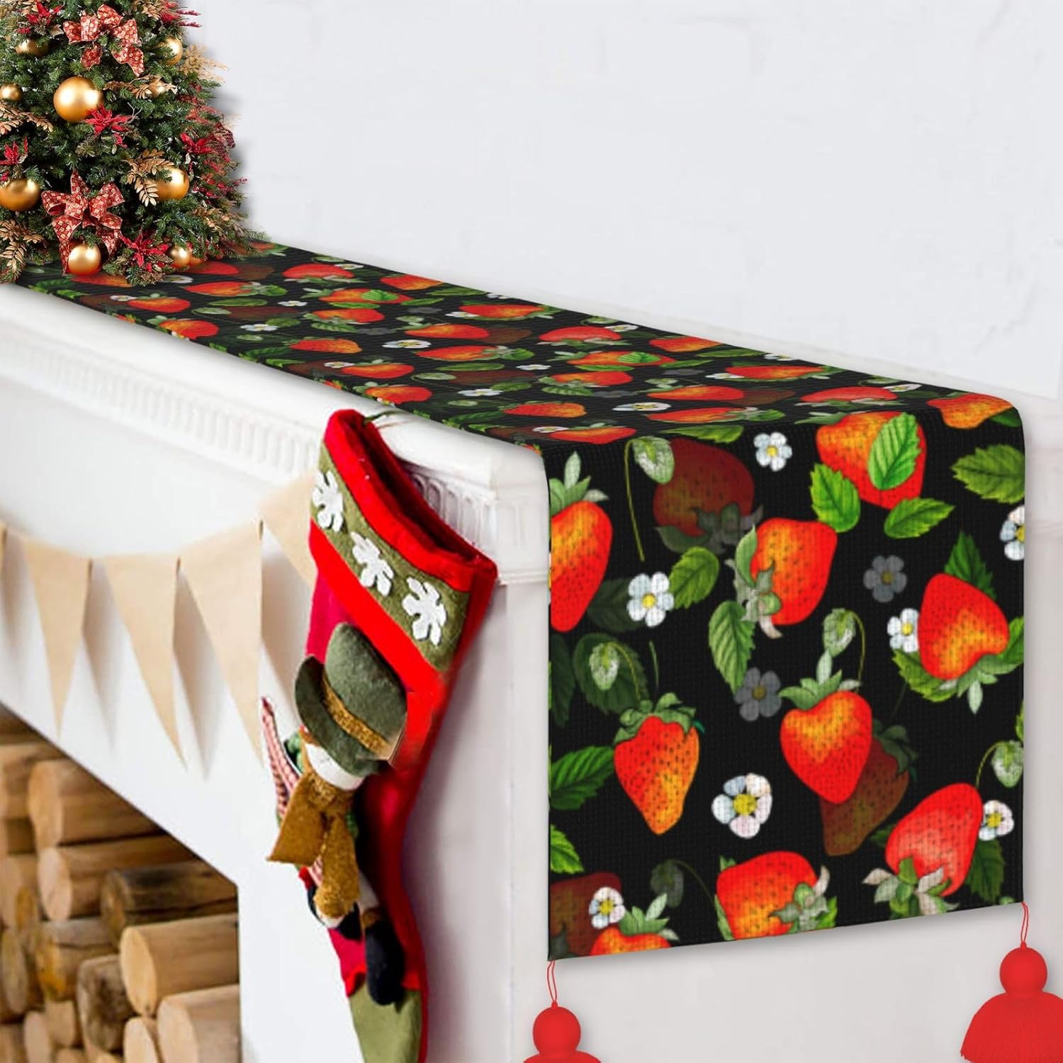 Camino de mesa de Navidad de fresas rojas, decoración de mesa de comedor, decoración de Navidad, decoración de interiores del hogar, caminos de mesa