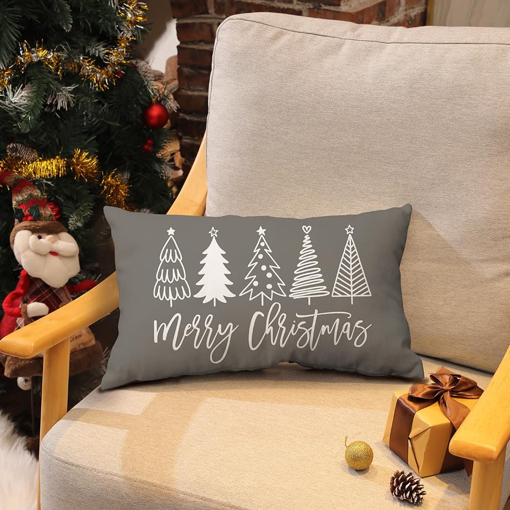 DFXSZ Fundas de almohada de Navidad de 12 x 20 pulgadas, diseño de árbol de Navidad, color gris, decoración de invierno y Navidad para el sofá del