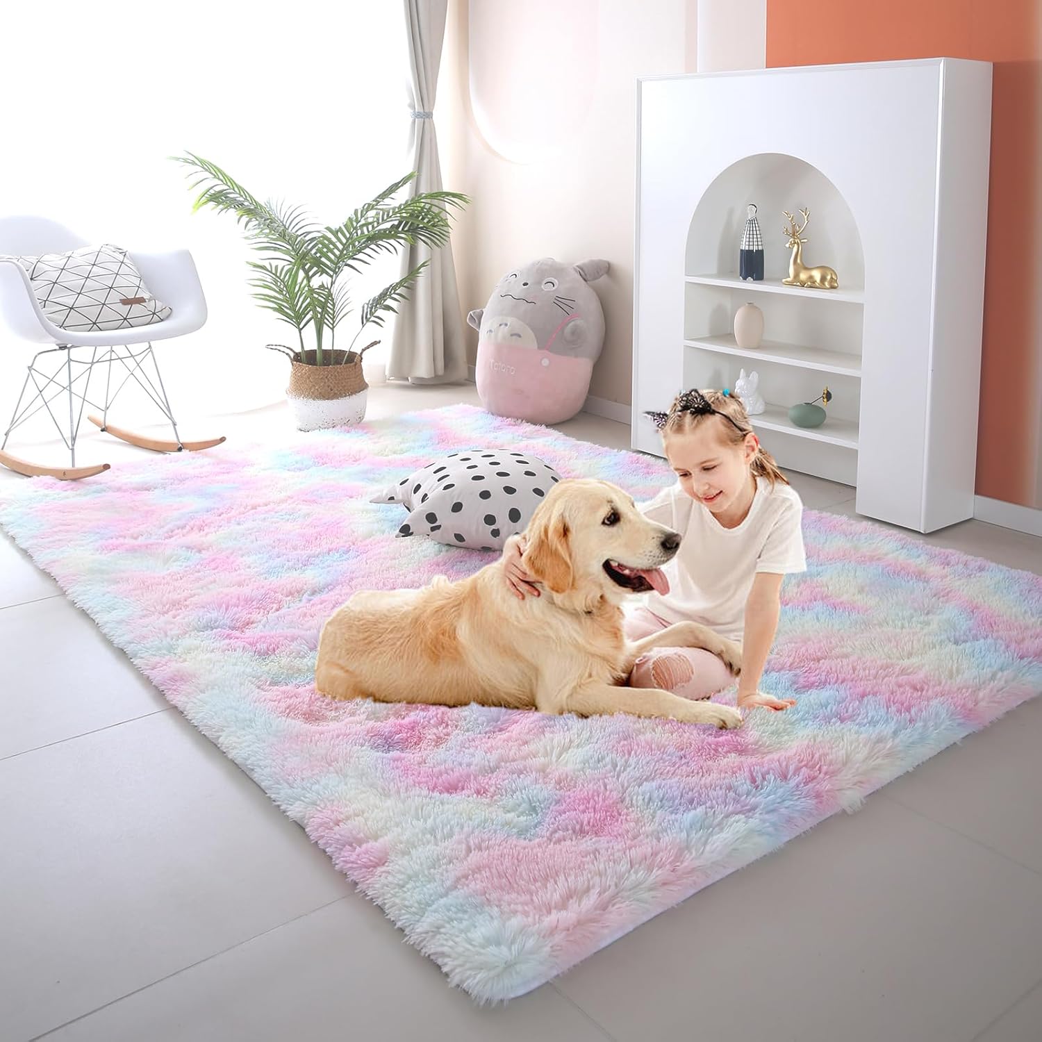 Alfombras esponjosas de arco iris para dormitorio de niñas, sala de estar, alfombra peluda de felpa pastel para habitación de niños de 4 x 6 pies,