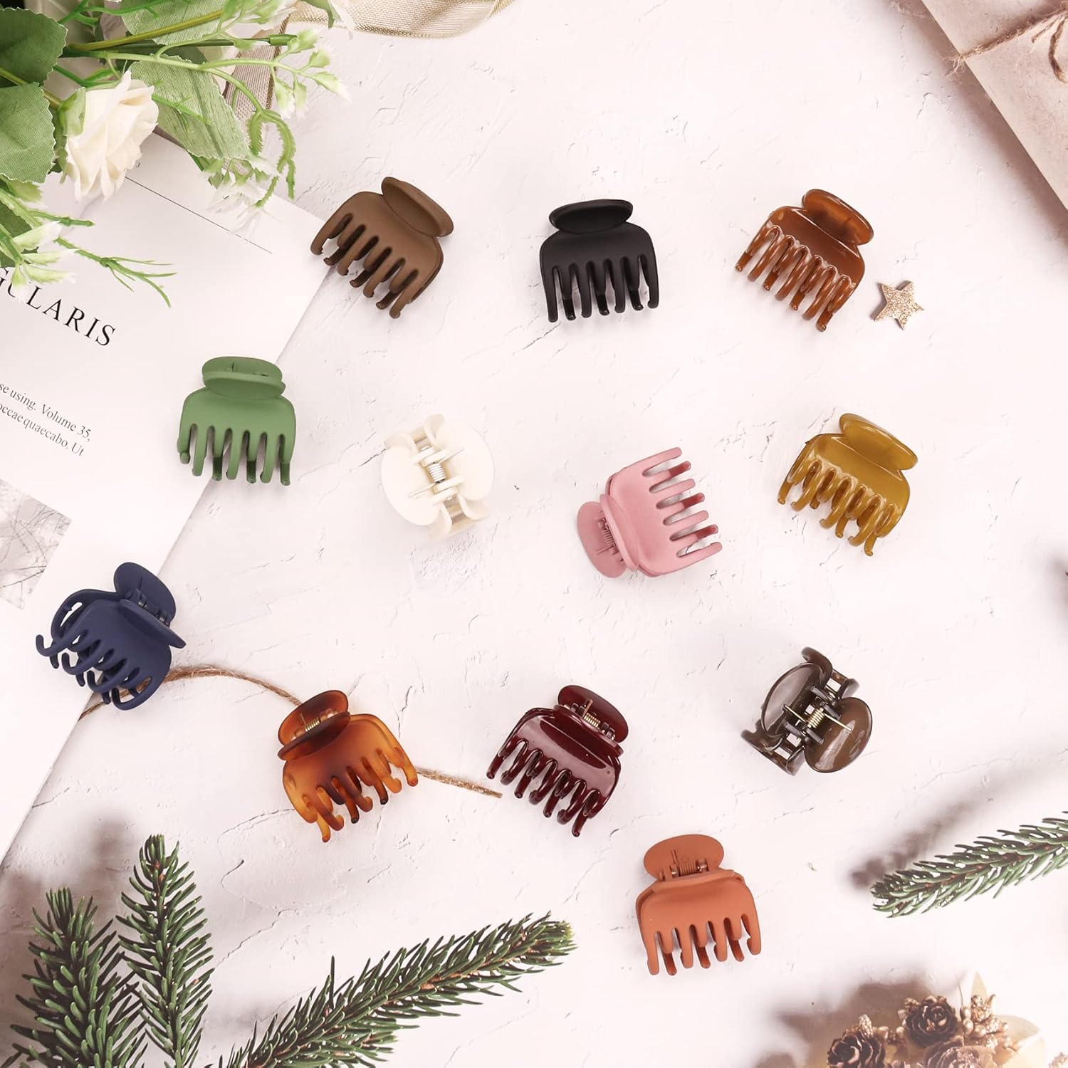 12 pinzas para el cabello de doble fila, pinzas de mandíbula medianas de 1.6 pulgadas, pinzas para el cabello de garra pequeña mate y brillante,