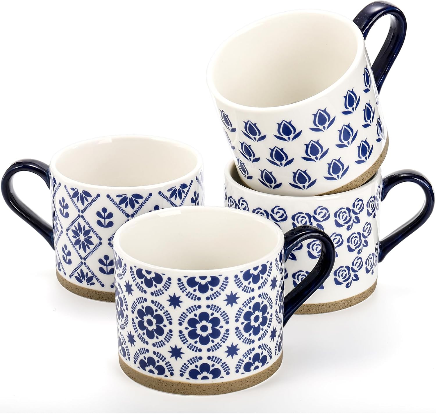 Coloch Paquete de 4 tazas de café de cerámica con asa, tazas de café azules de 14 onzas, tazas de café impresas a mano, tazas de té de cerámica para