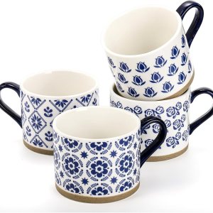 Coloch Paquete de 4 tazas de café de cerámica con asa, tazas de café azules de 14 onzas, tazas de café impresas a mano, tazas de té de cerámica para Coloch Paquete de 4 tazas de café de cerámica con asa, tazas de café azules de 14 onzas, tazas de café impresas a mano, tazas de té de cerámica para