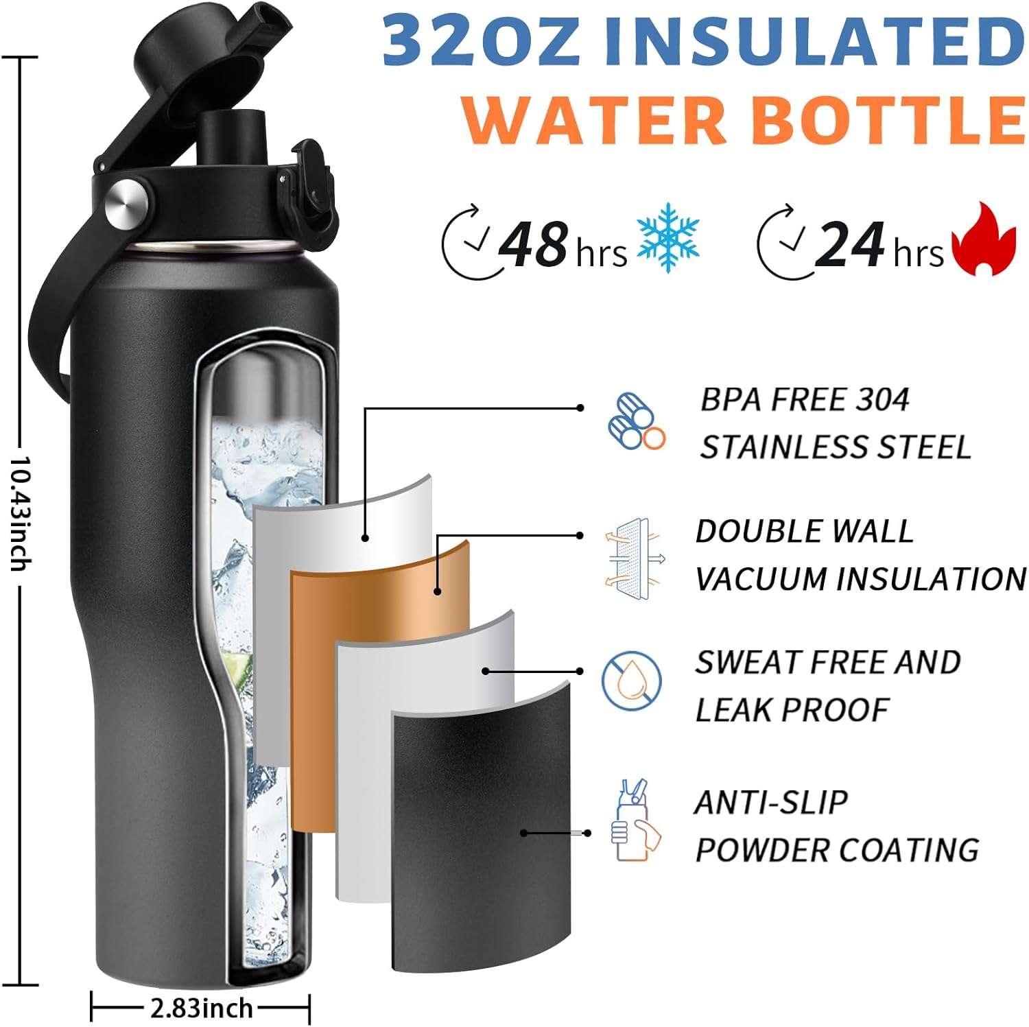 Portavasos de automóvil con aislamiento para botella de agua, vasos de acero inoxidable al vacío de 32 onzas con tapas de popote y boquilla, mango