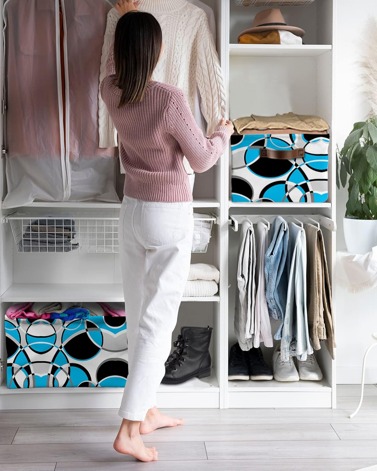 Blue Black Geometric Storage Basket for Organizing Shelves, Collapsible Storage Bins Boxes with Handle, Modern White Abstract Art Canvas Hamper