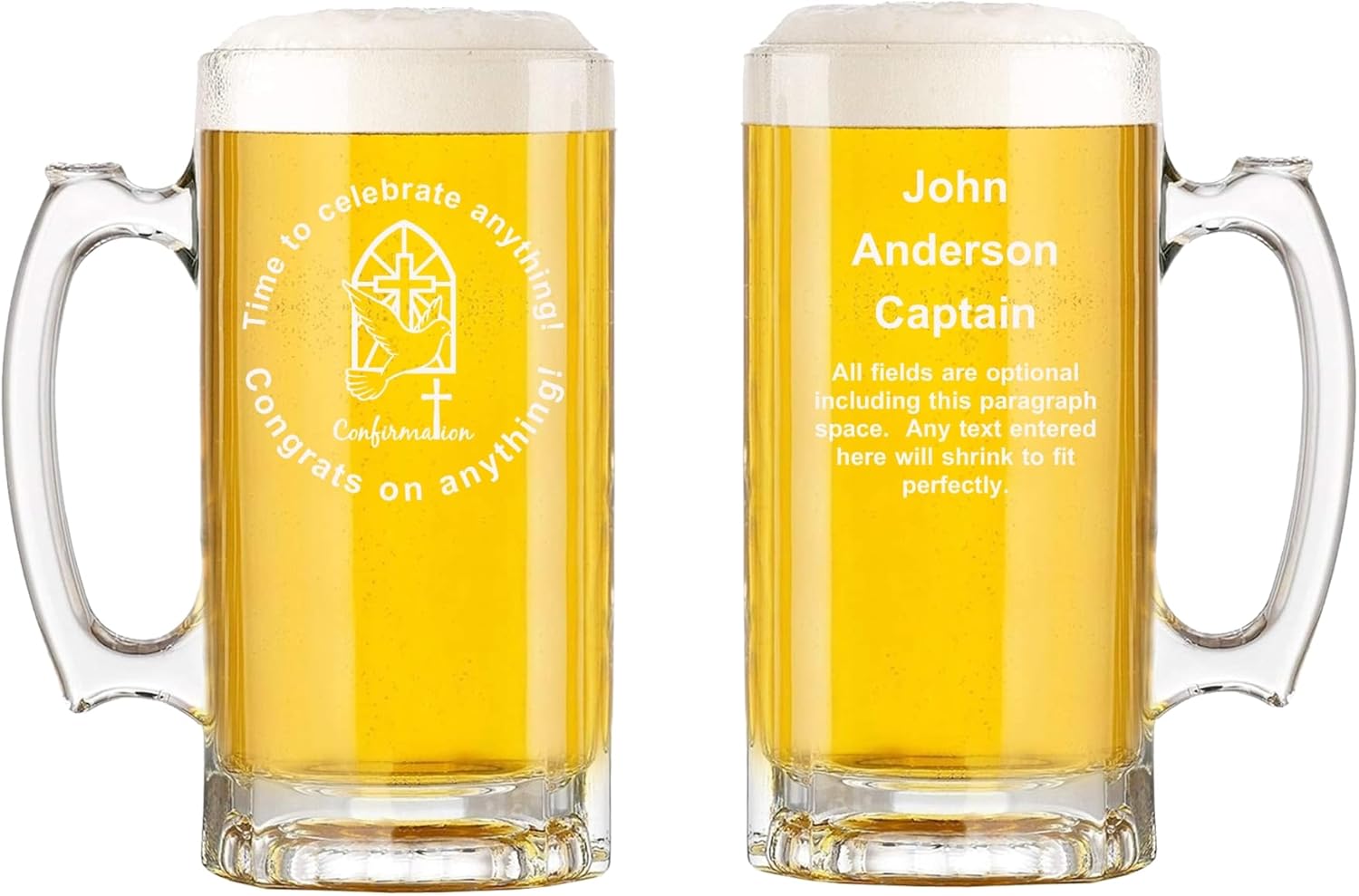 OnPro Digital Taza de cerveza de vidrio de confirmación personalizada con asa de 16 oz  85 temas para deportes, trabajos, pasatiempos, celebraciones